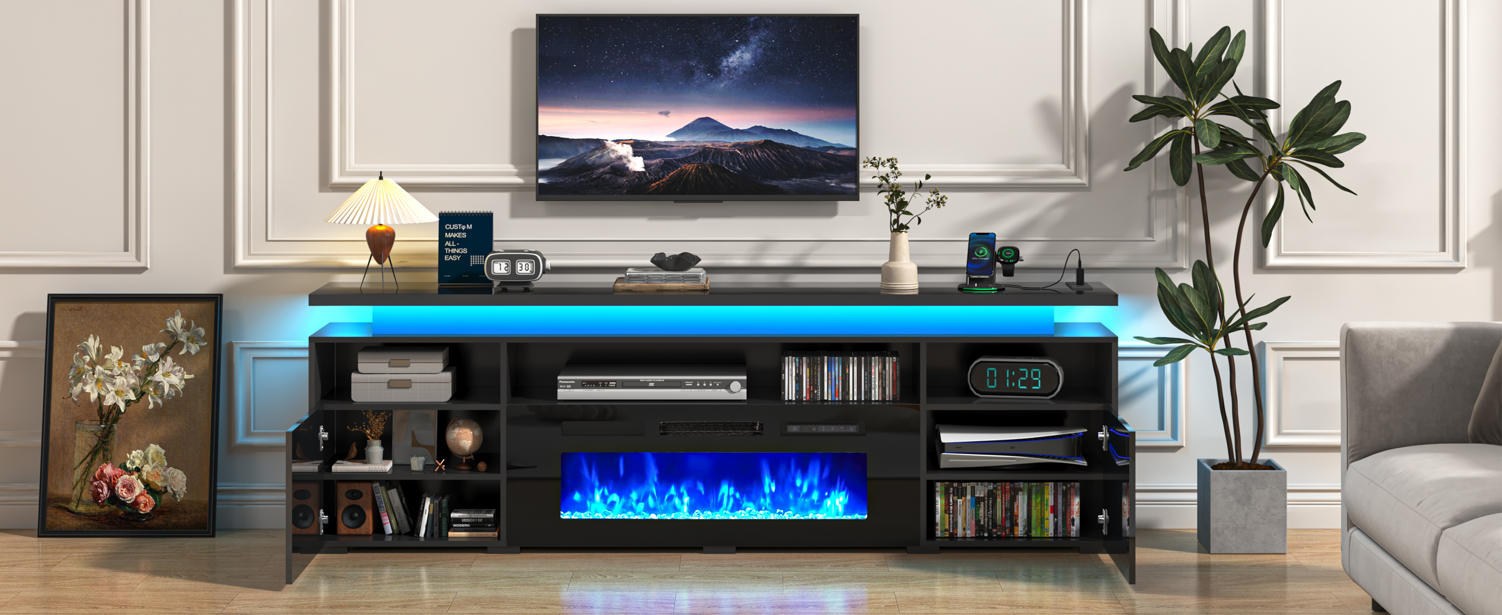 70" Fireplace TV Stand with 40" Electric Fireplace,LED Lights Entertainment Center for TVs Up to 80",Modern Media TV Console with Storage Cabinets and Charging Station,Black