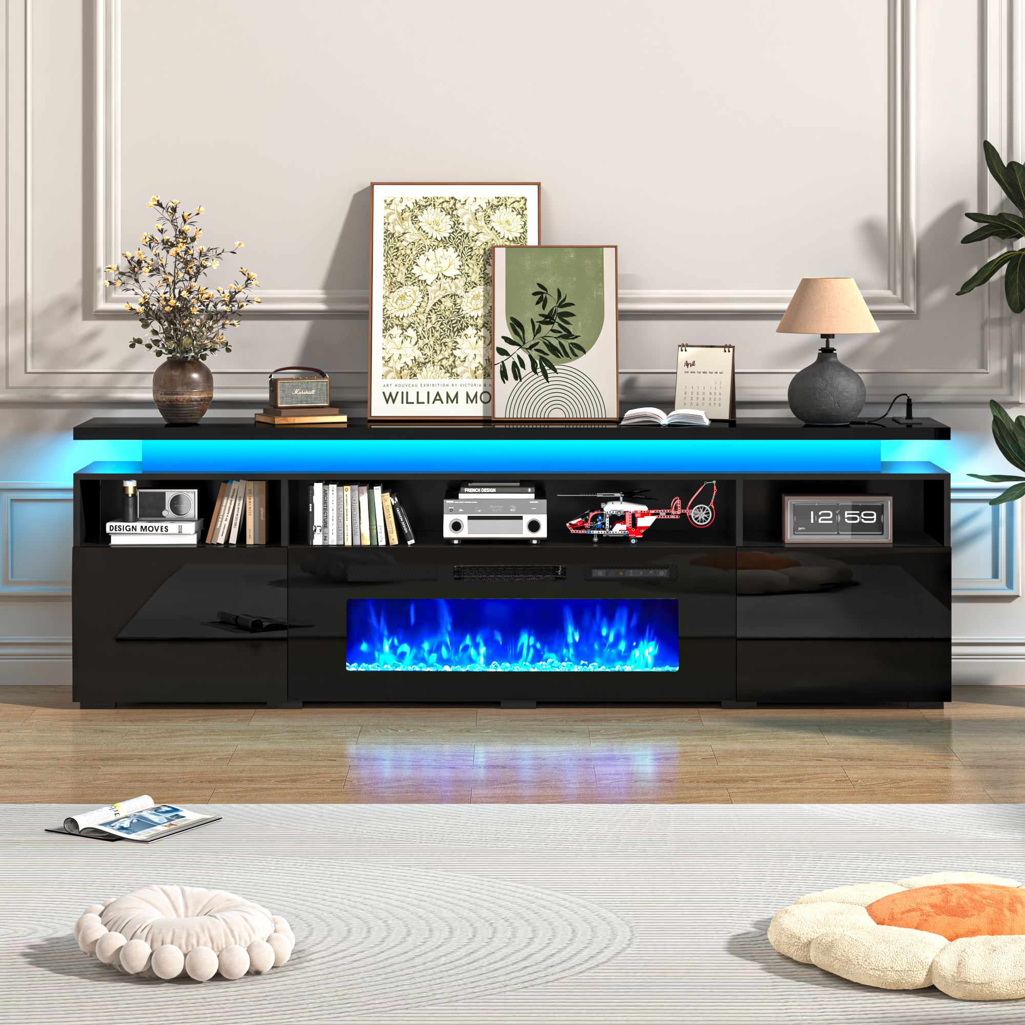 70" Fireplace TV Stand with 40" Electric Fireplace,LED Lights Entertainment Center for TVs Up to 80",Modern Media TV Console with Storage Cabinets and Charging Station,Black