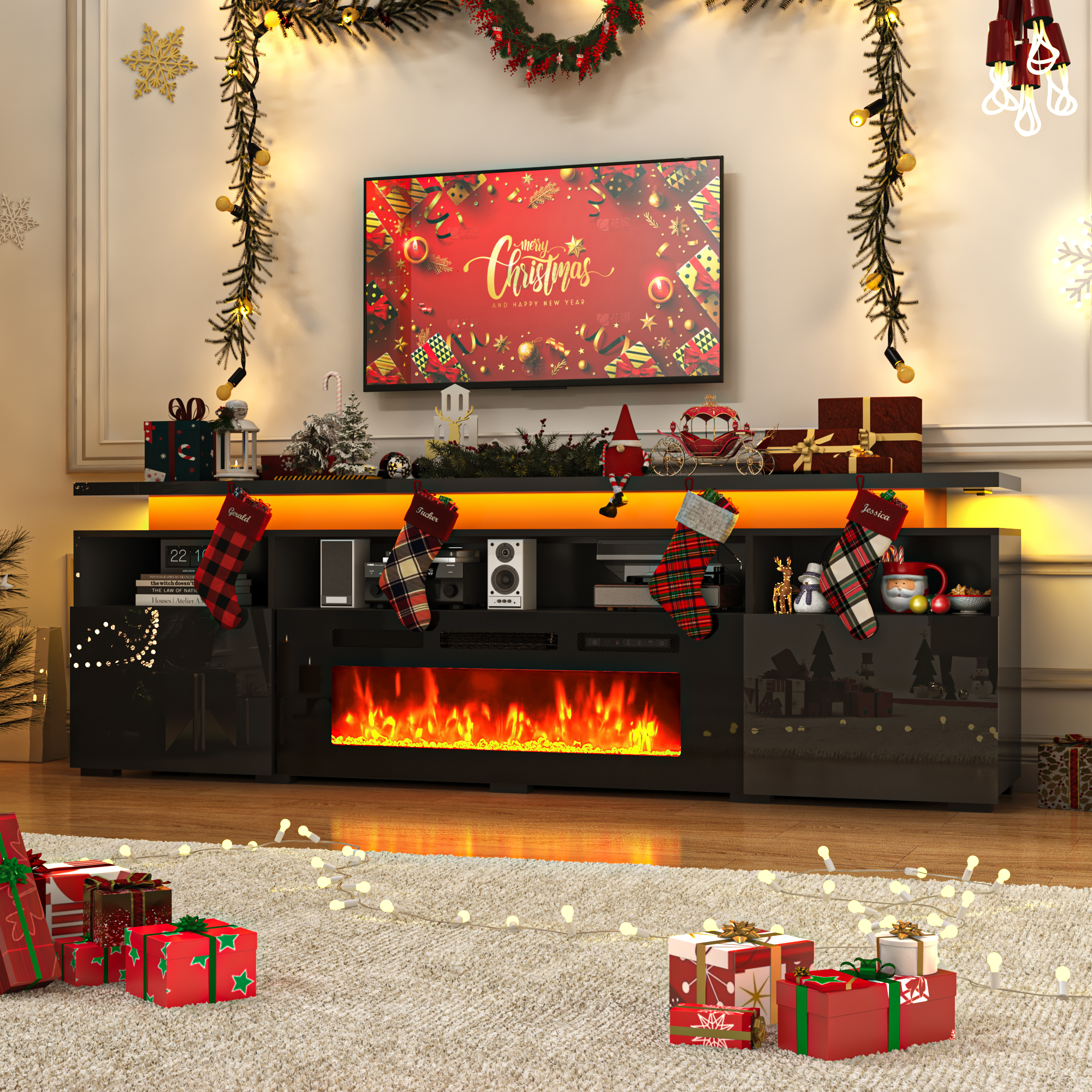 70" Fireplace TV Stand with 40" Electric Fireplace,LED Lights Entertainment Center for TVs Up to 80",Modern Media TV Console with Storage Cabinets and Charging Station,Black