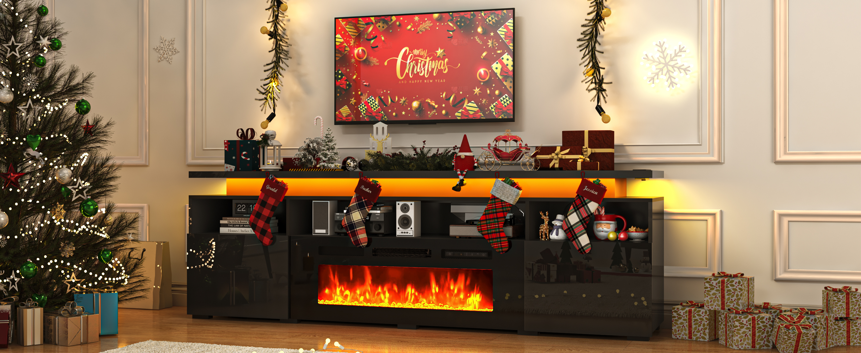70" Fireplace TV Stand with 40" Electric Fireplace,LED Lights Entertainment Center for TVs Up to 80",Modern Media TV Console with Storage Cabinets and Charging Station,Black
