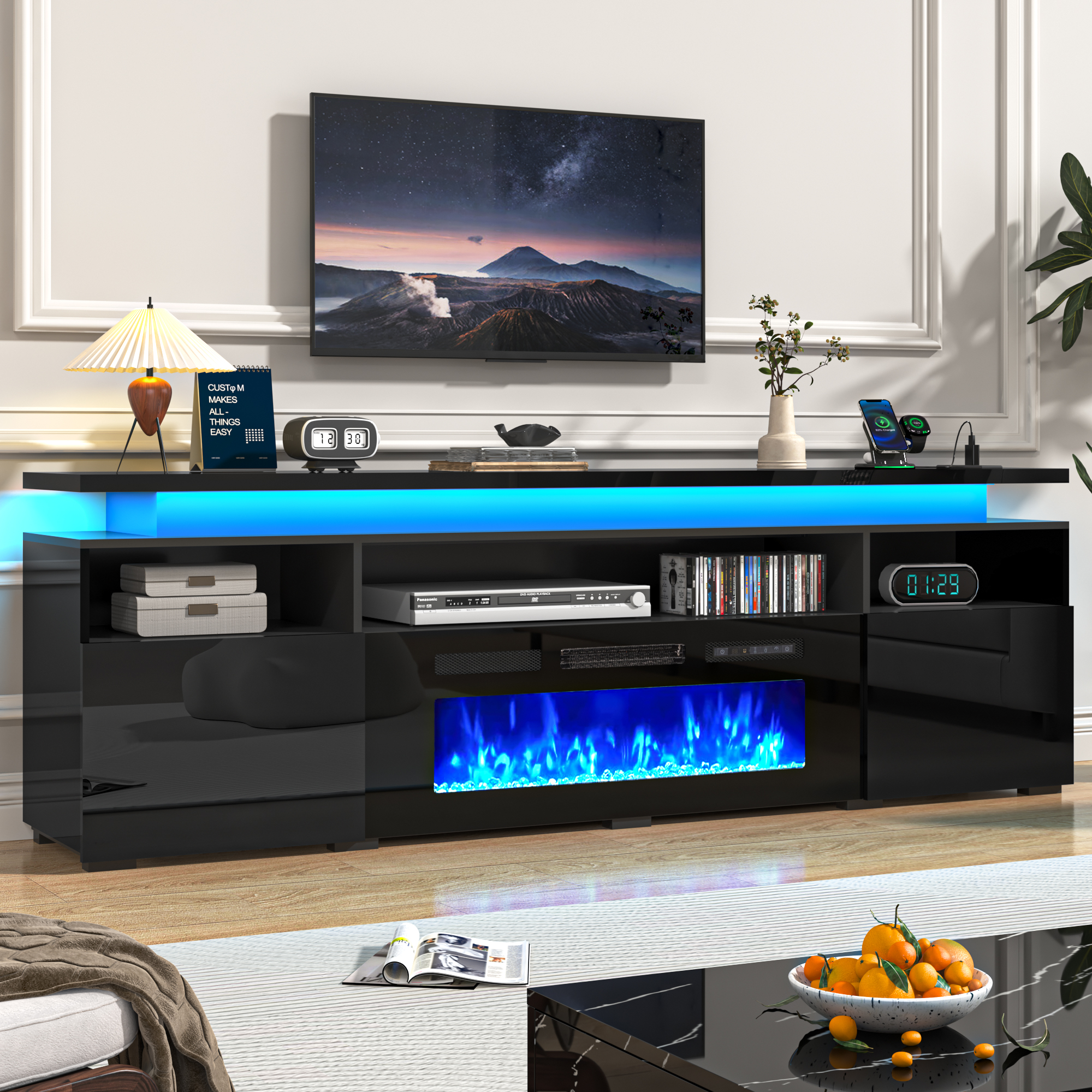 70" Fireplace TV Stand with 40" Electric Fireplace,LED Lights Entertainment Center for TVs Up to 80",Modern Media TV Console with Storage Cabinets and Charging Station,Black