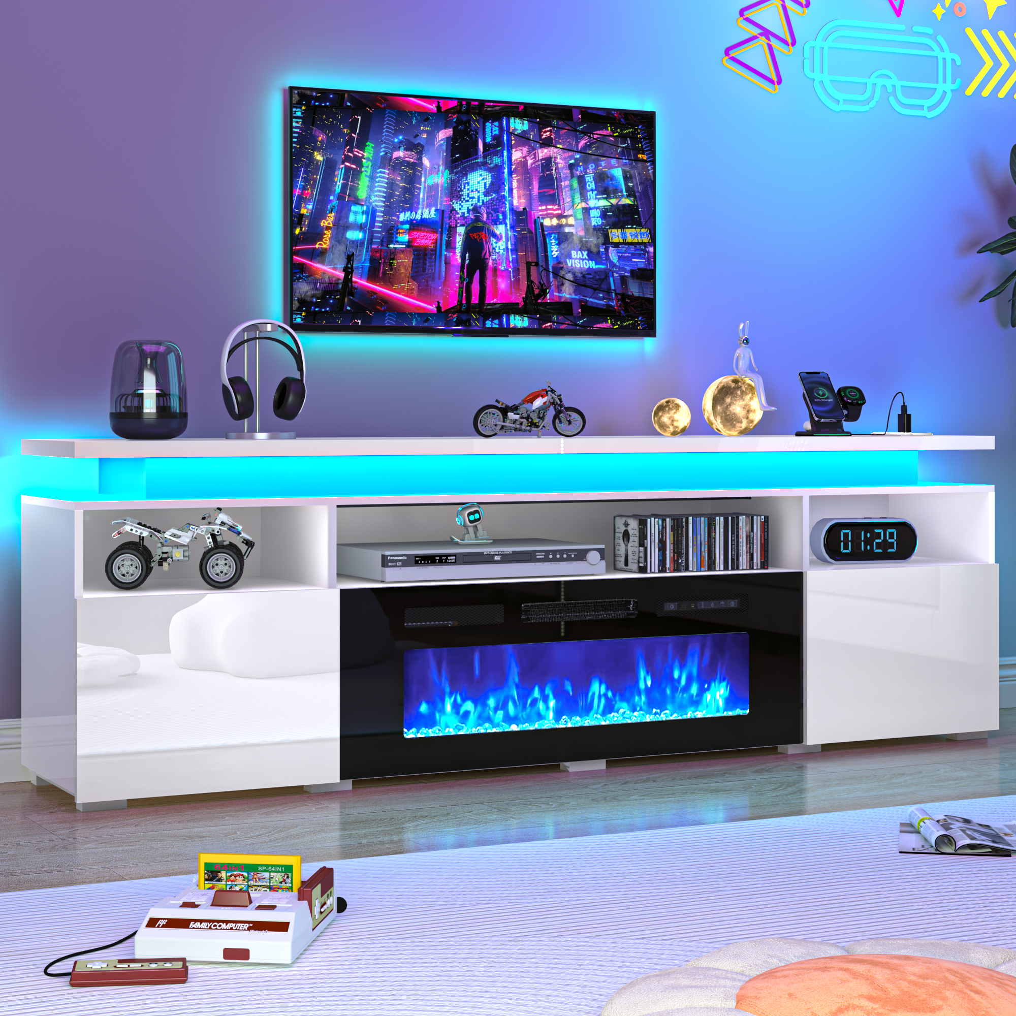 70" Fireplace TV Stand with 40" Electric Fireplace,LED Lights Entertainment Center for TVs Up to 80",Modern Media TV Console with Storage Cabinets and Charging Station,Black