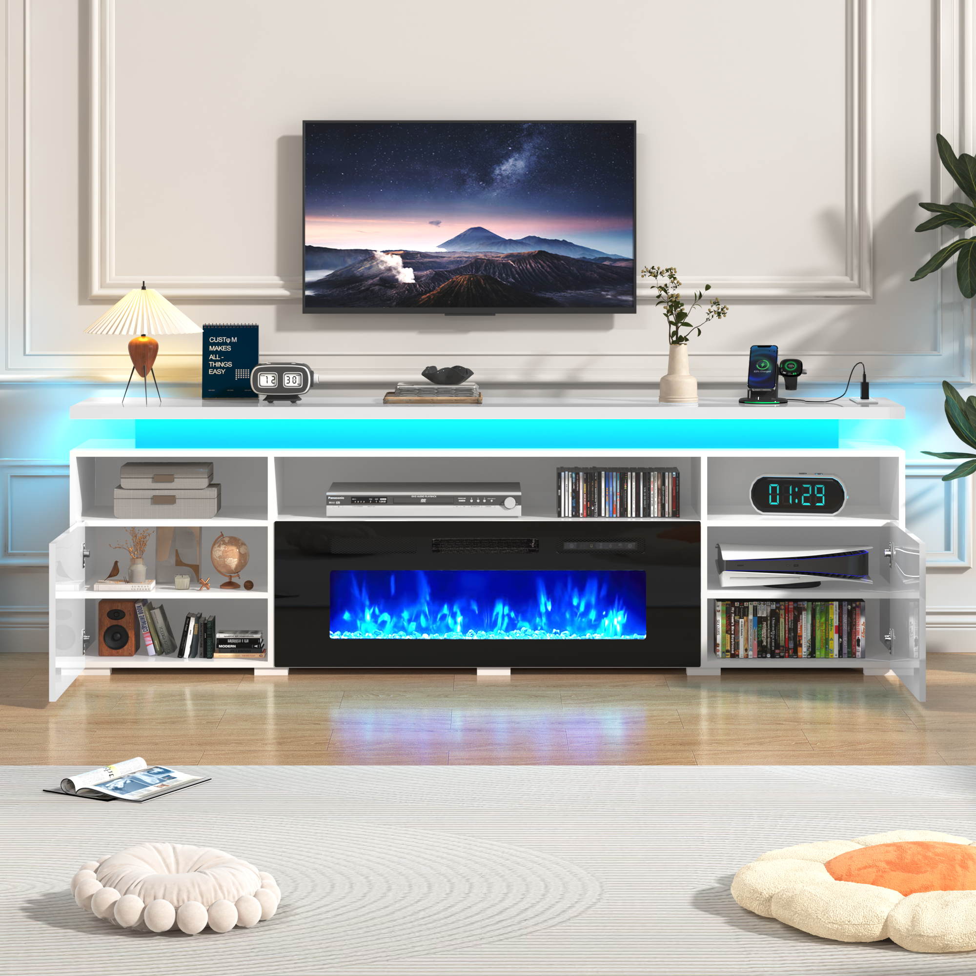 70" Fireplace TV Stand with 40" Electric Fireplace,LED Lights Entertainment Center for TVs Up to 80",Modern Media TV Console with Storage Cabinets and Charging Station,Black