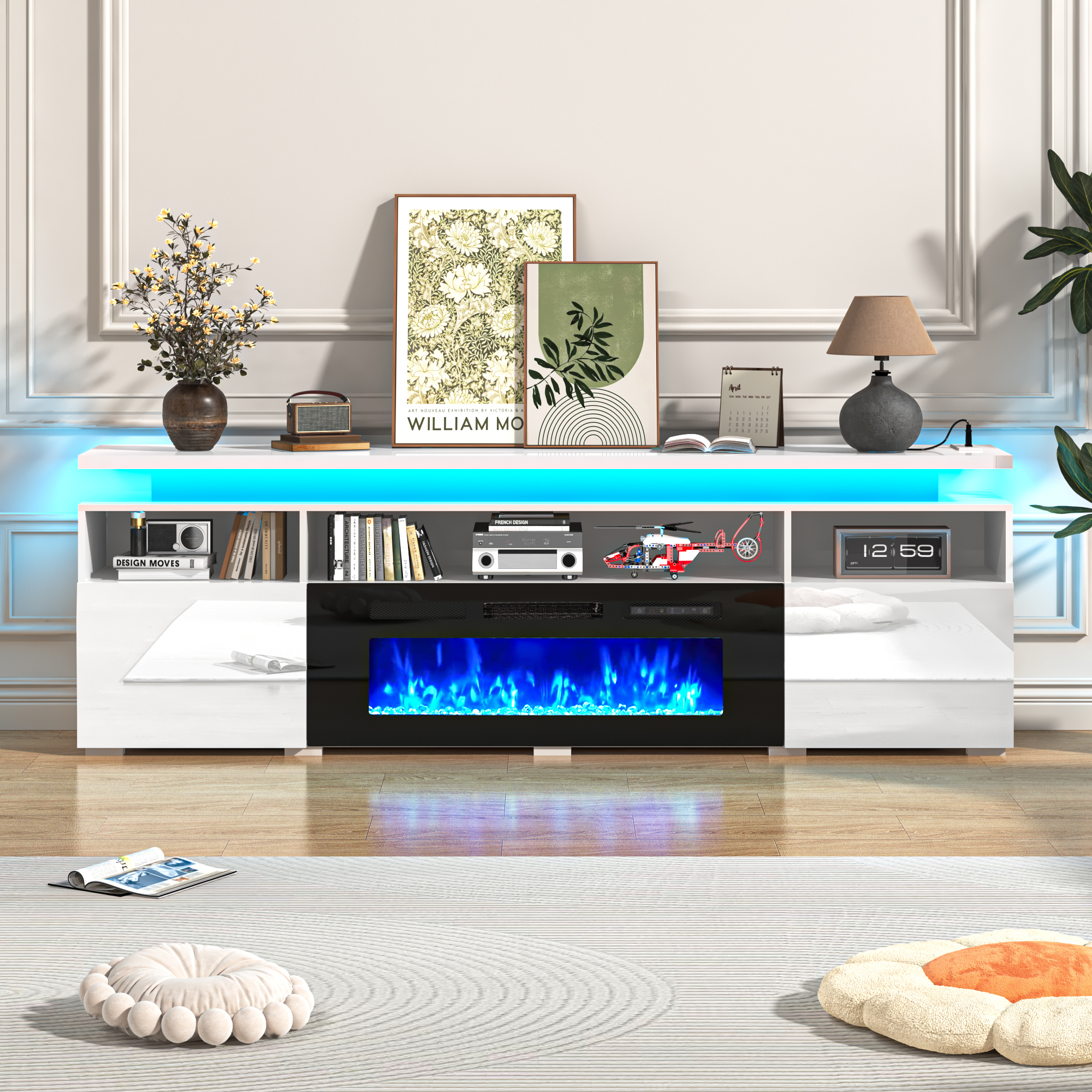 70" Fireplace TV Stand with 40" Electric Fireplace,LED Lights Entertainment Center for TVs Up to 80",Modern Media TV Console with Storage Cabinets and Charging Station,Black