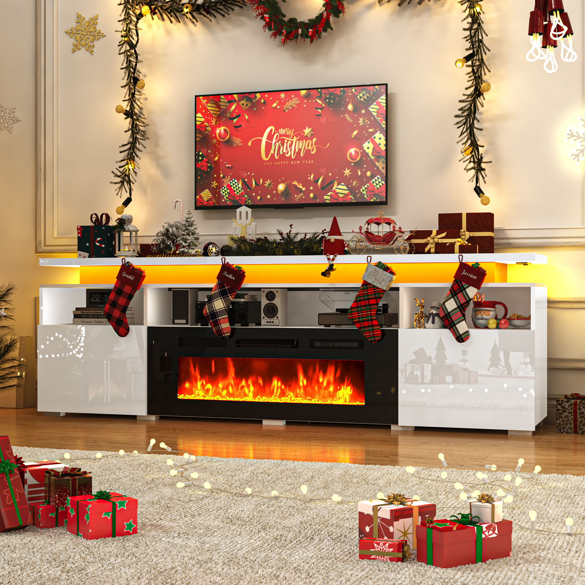 70" Fireplace TV Stand with 40" Electric Fireplace,LED Lights Entertainment Center for TVs Up to 80",Modern Media TV Console with Storage Cabinets and Charging Station,Black