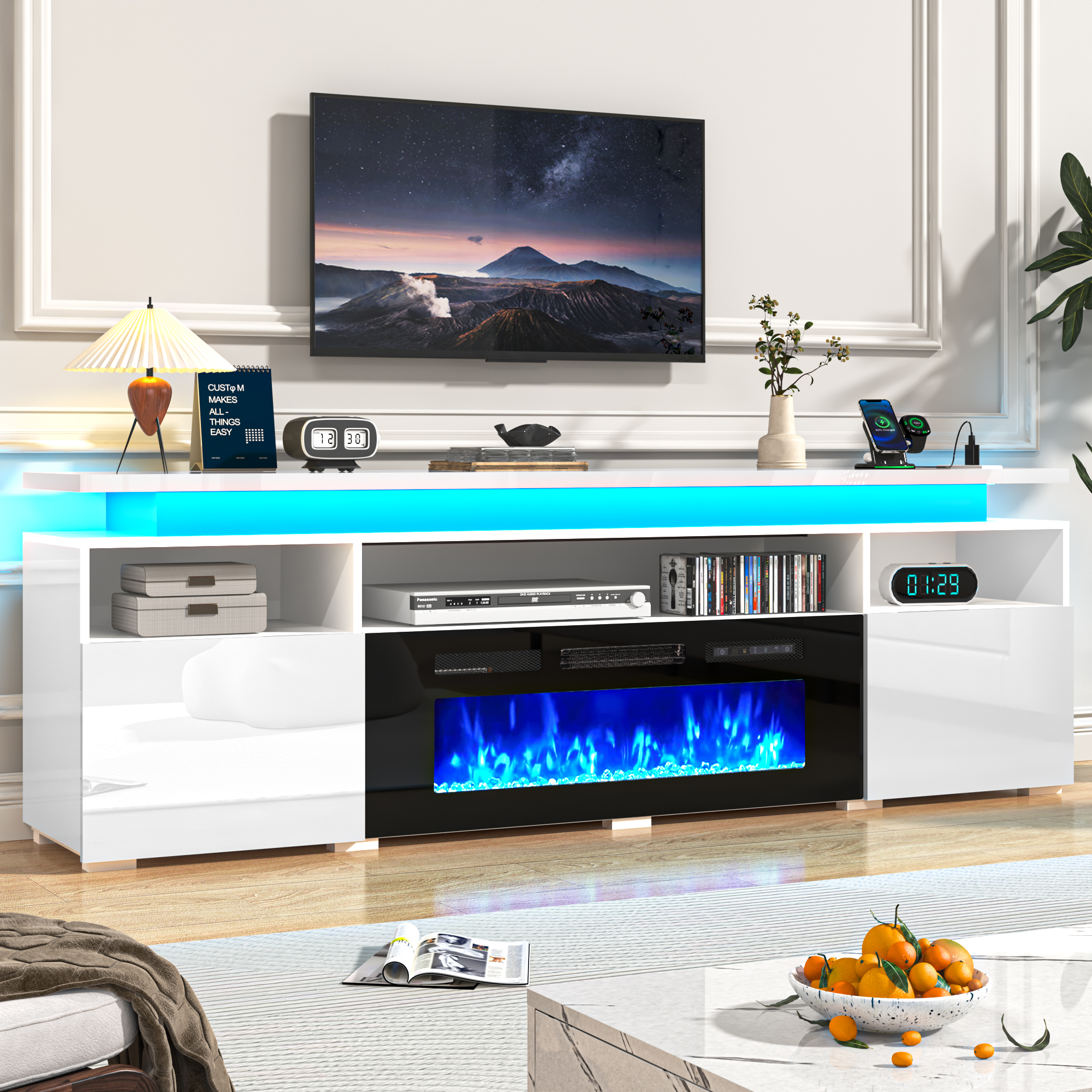 70" Fireplace TV Stand with 40" Electric Fireplace,LED Lights Entertainment Center for TVs Up to 80",Modern Media TV Console with Storage Cabinets and Charging Station,Black