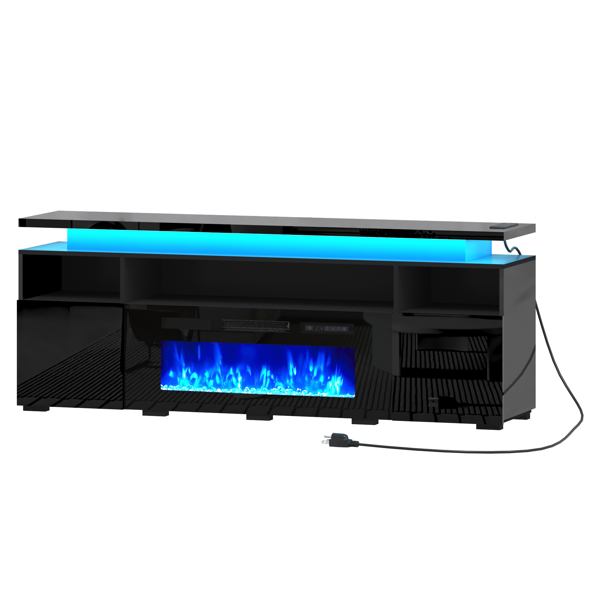 70" Fireplace TV Stand with 40" Electric Fireplace,LED Lights Entertainment Center for TVs Up to 80",Modern Media TV Console with Storage Cabinets and Charging Station,Black