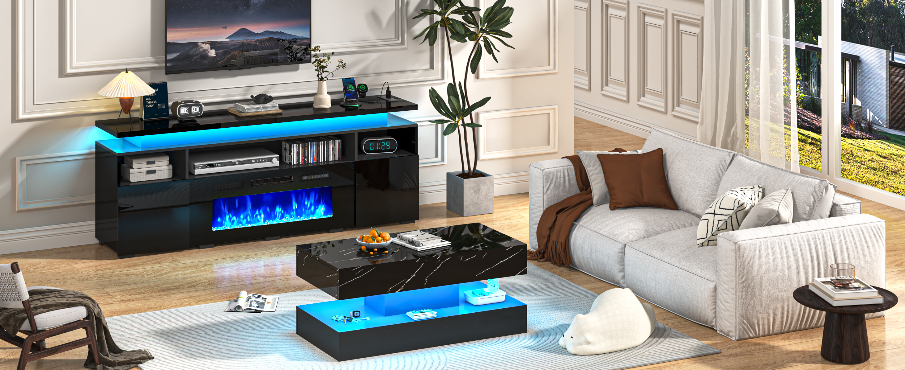 70" Fireplace TV Stand with 40" Electric Fireplace,LED Lights Entertainment Center for TVs Up to 80",Modern Media TV Console with Storage Cabinets and Charging Station,Black