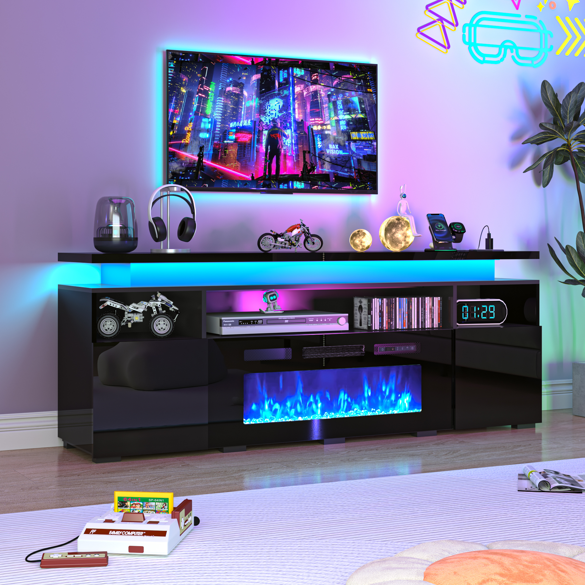 70" Fireplace TV Stand with 40" Electric Fireplace,LED Lights Entertainment Center for TVs Up to 80",Modern Media TV Console with Storage Cabinets and Charging Station,Black