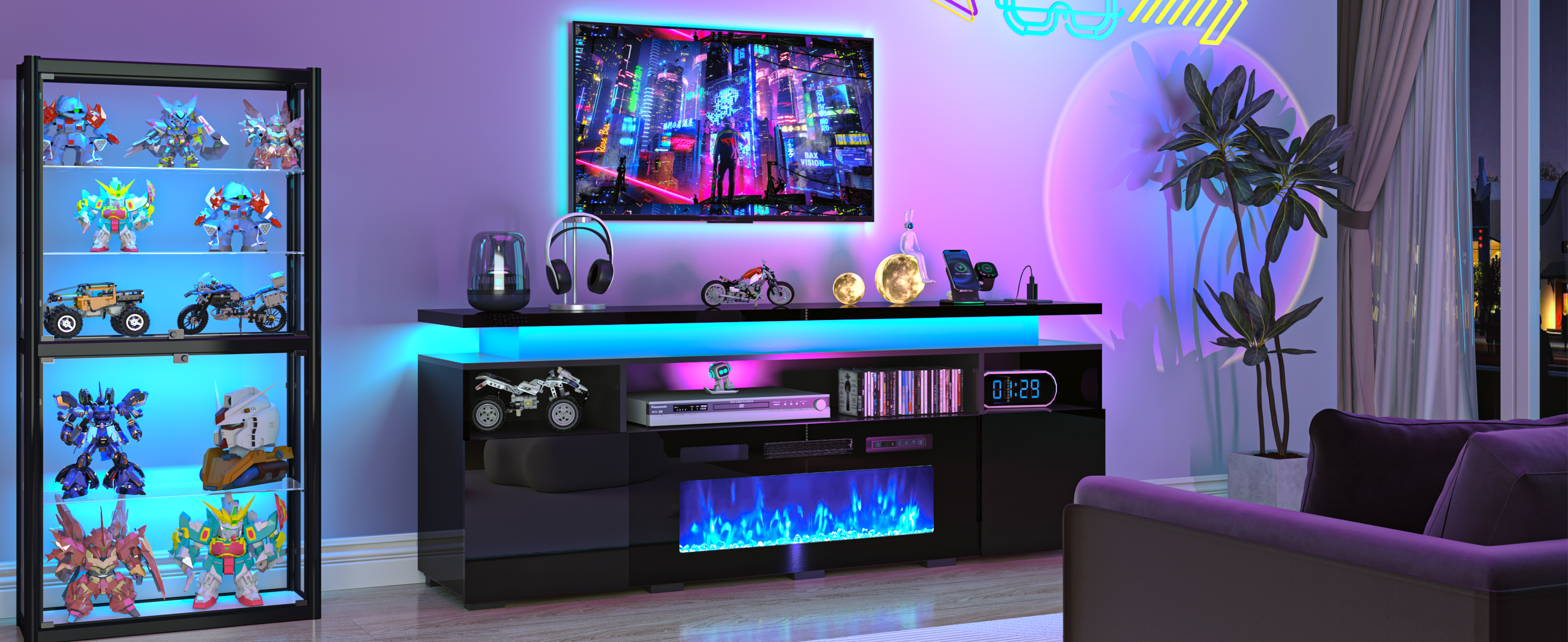 70" Fireplace TV Stand with 40" Electric Fireplace,LED Lights Entertainment Center for TVs Up to 80",Modern Media TV Console with Storage Cabinets and Charging Station,Black
