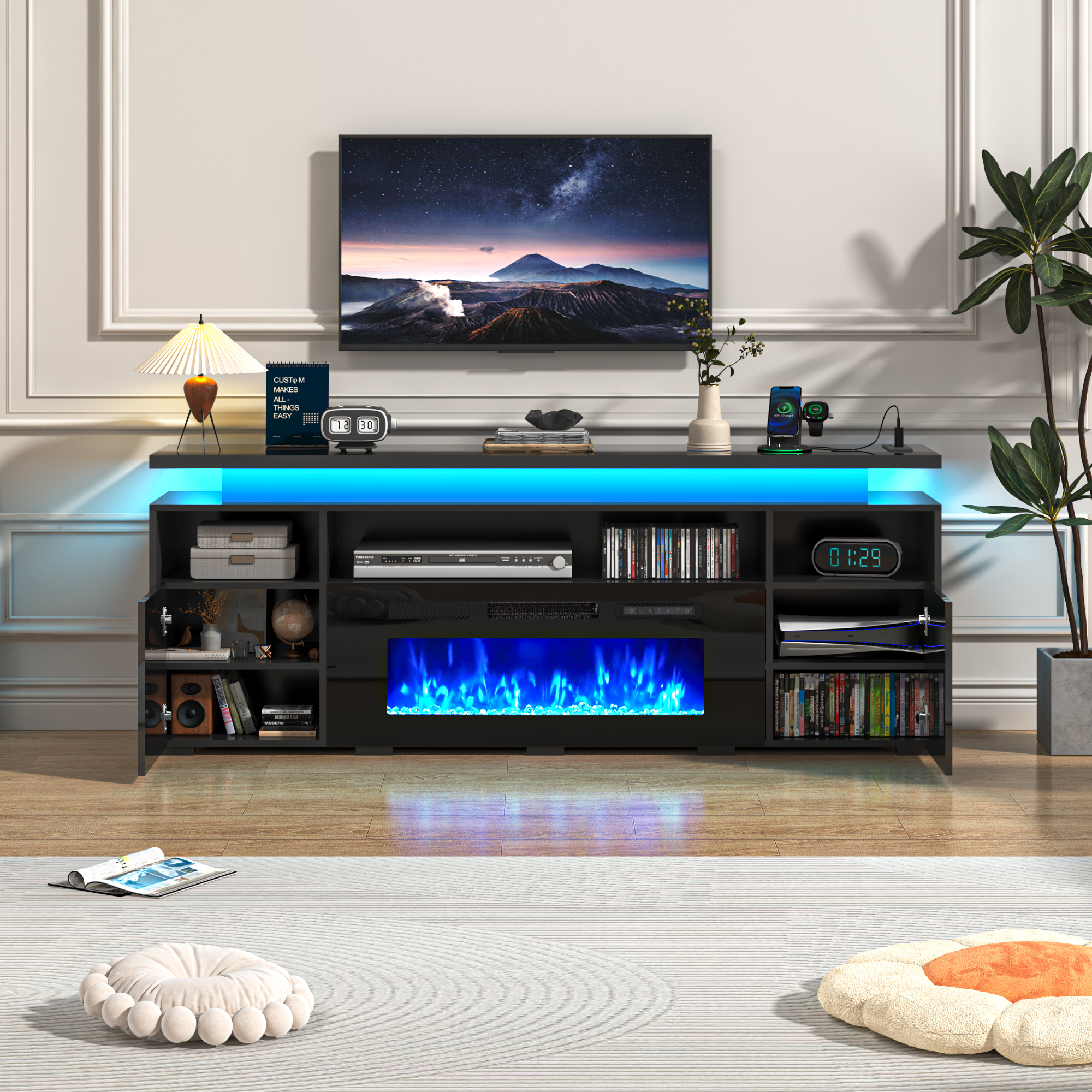 70" Fireplace TV Stand with 40" Electric Fireplace,LED Lights Entertainment Center for TVs Up to 80",Modern Media TV Console with Storage Cabinets and Charging Station,Black
