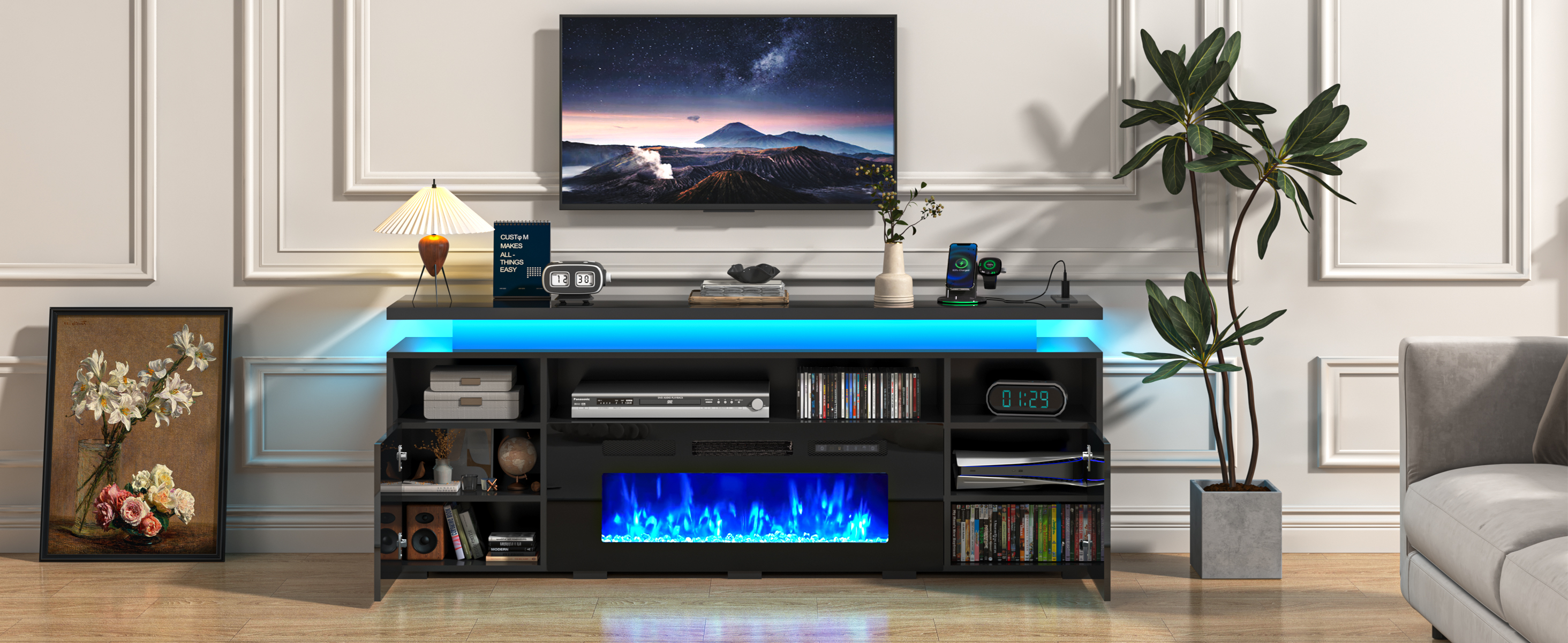 70" Fireplace TV Stand with 40" Electric Fireplace,LED Lights Entertainment Center for TVs Up to 80",Modern Media TV Console with Storage Cabinets and Charging Station,Black