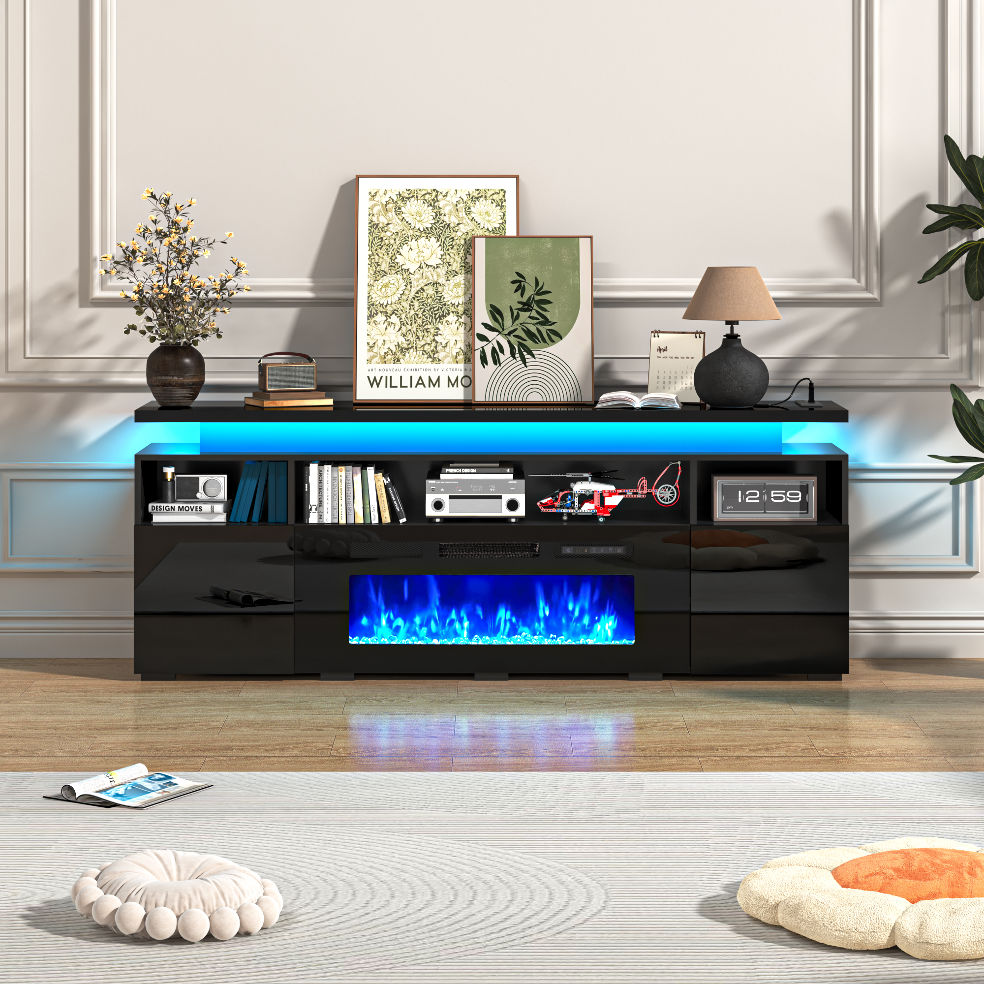 70" Fireplace TV Stand with 40" Electric Fireplace,LED Lights Entertainment Center for TVs Up to 80",Modern Media TV Console with Storage Cabinets and Charging Station,Black