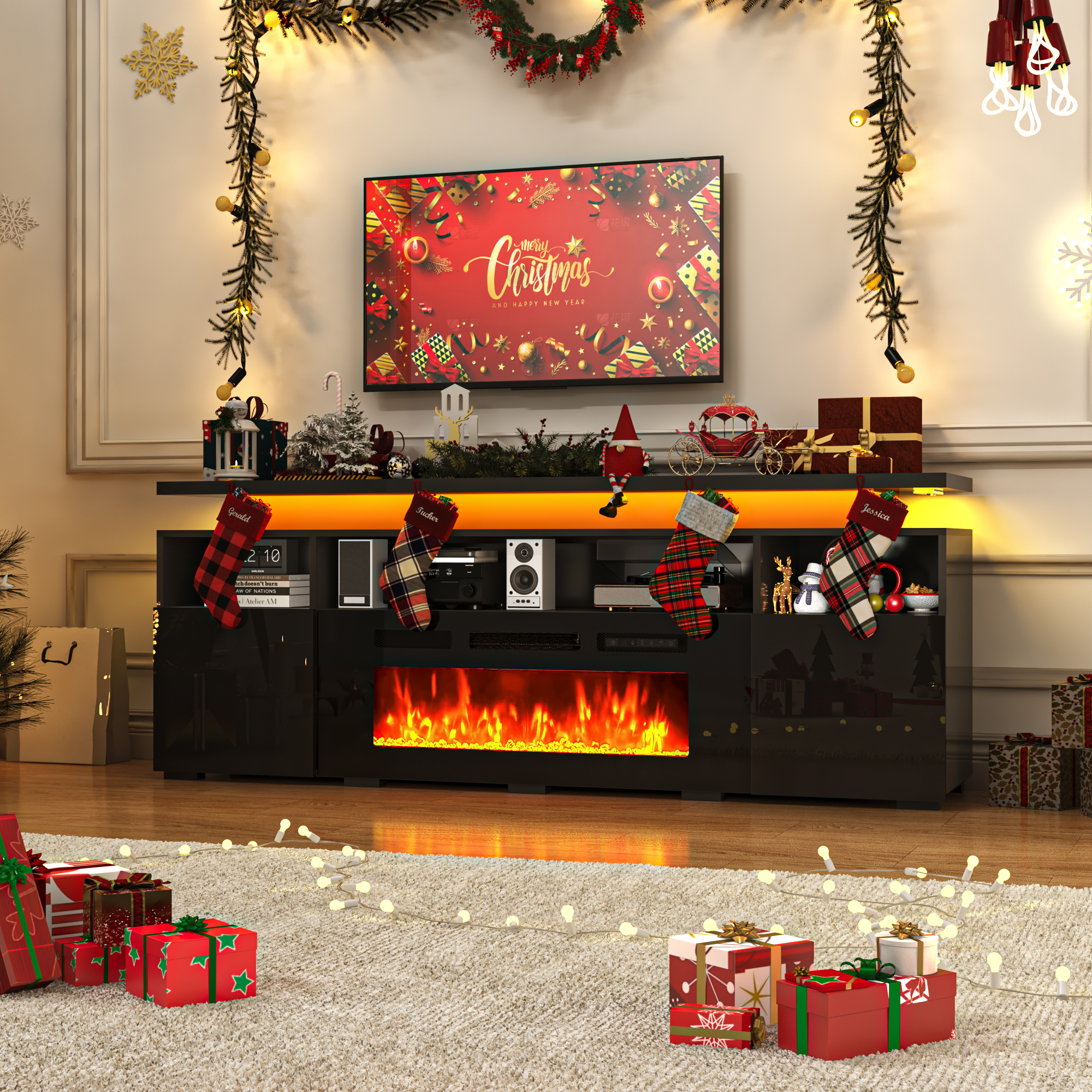 70" Fireplace TV Stand with 40" Electric Fireplace,LED Lights Entertainment Center for TVs Up to 80",Modern Media TV Console with Storage Cabinets and Charging Station,Black