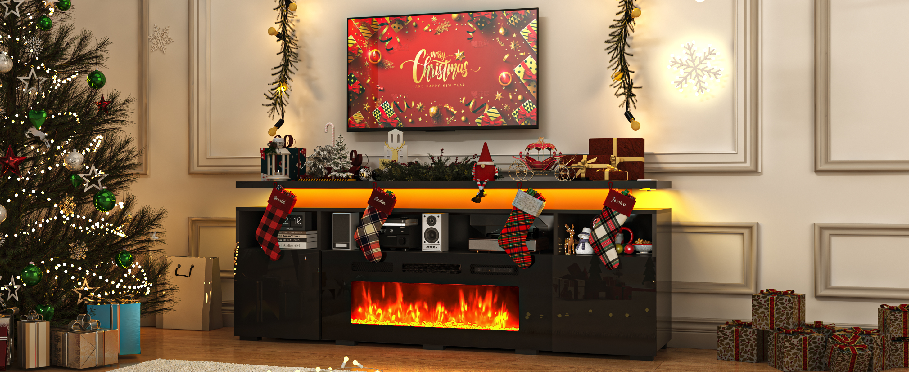 70" Fireplace TV Stand with 40" Electric Fireplace,LED Lights Entertainment Center for TVs Up to 80",Modern Media TV Console with Storage Cabinets and Charging Station,Black