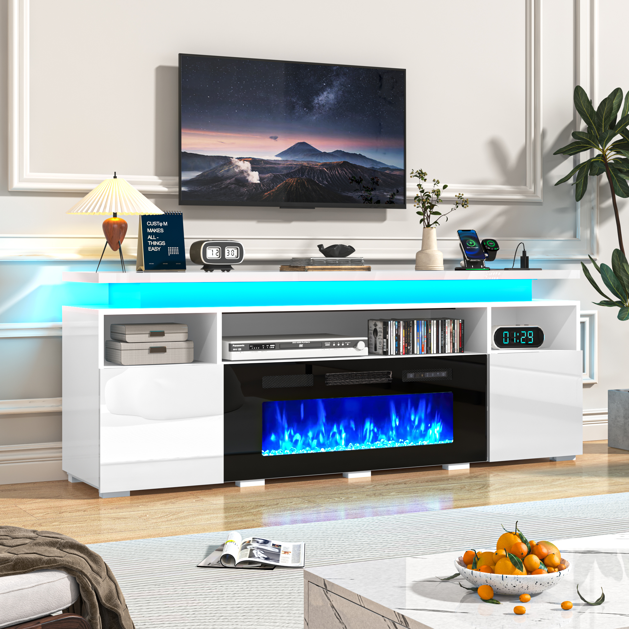 70" Fireplace TV Stand with 40" Electric Fireplace,LED Lights Entertainment Center for TVs Up to 80",Modern Media TV Console with Storage Cabinets and Charging Station,Black