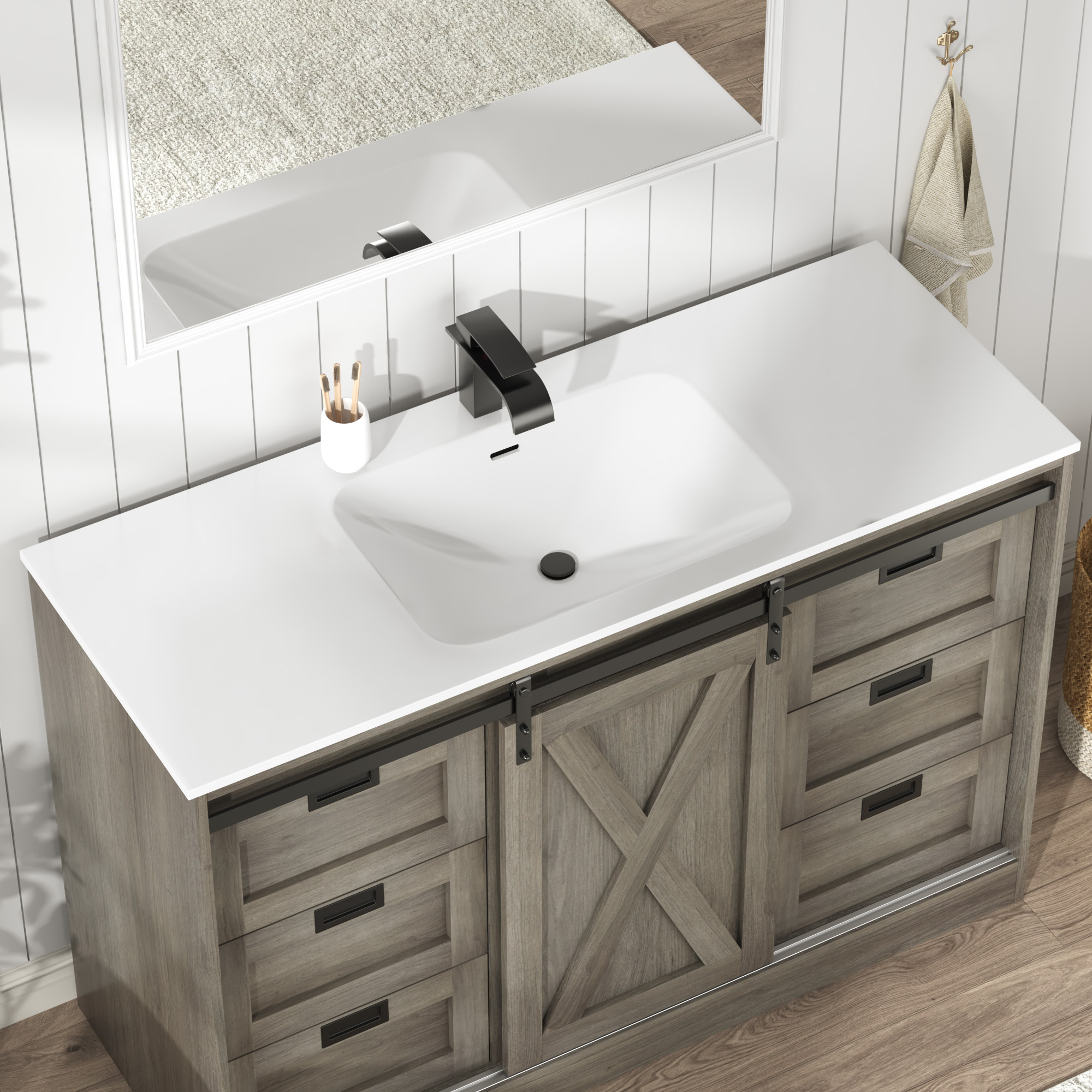 47" Farmhouse Bathroom Vanity with Sink Combo, Bathroom Storage Cabinet with Sliding Barn Door and 6 Drawers