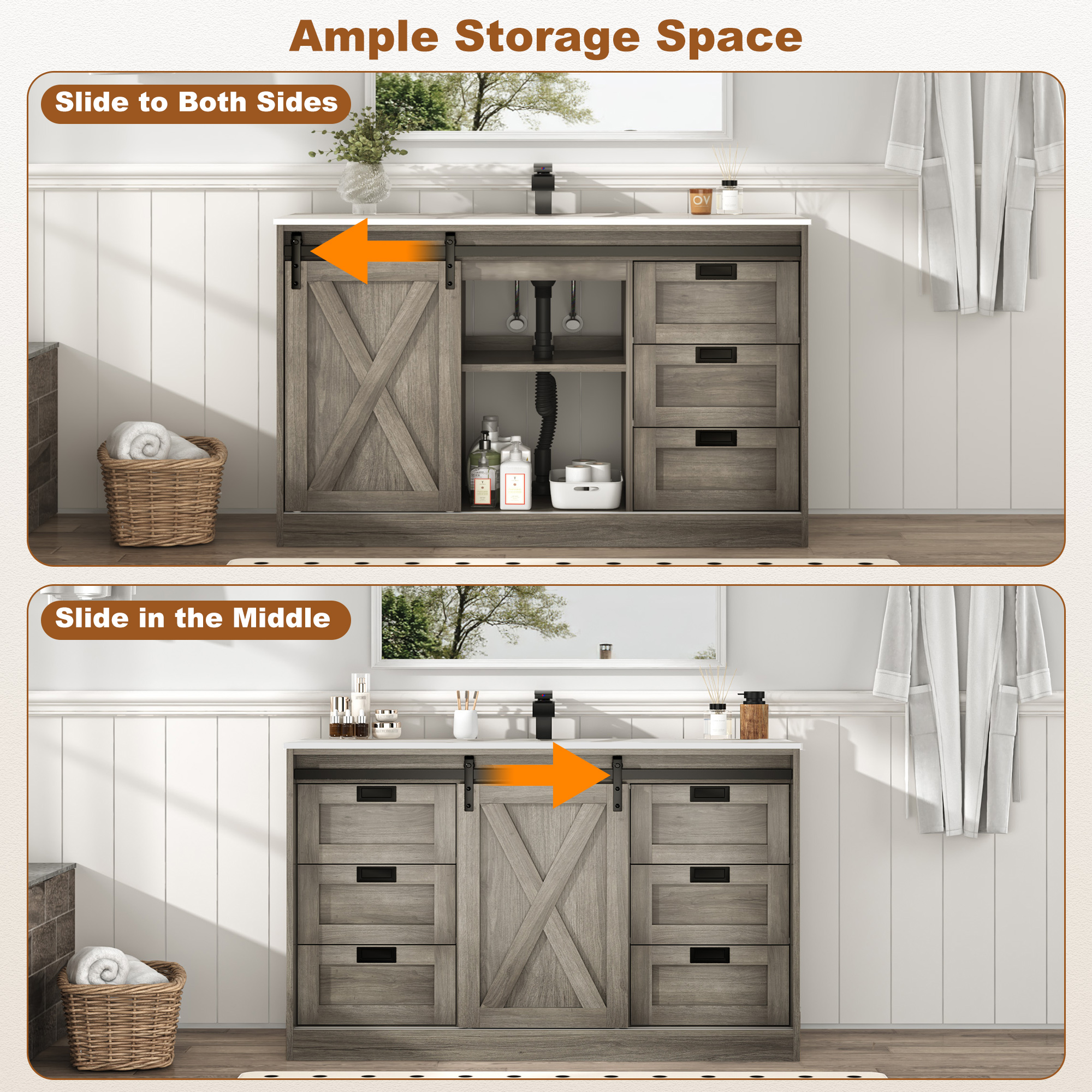 47" Farmhouse Bathroom Vanity with Sink Combo, Bathroom Storage Cabinet with Sliding Barn Door and 6 Drawers