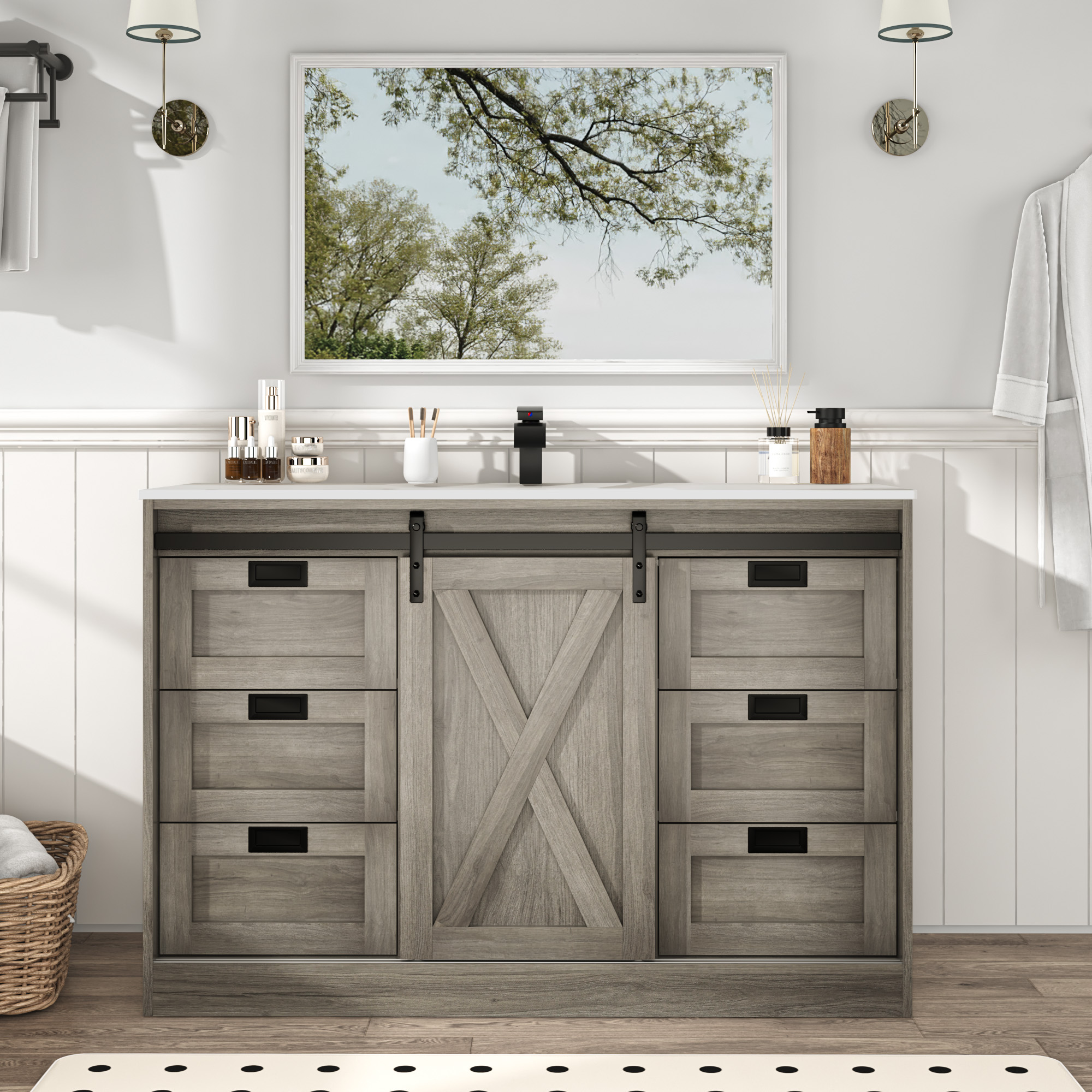 47" Farmhouse Bathroom Vanity with Sink Combo, Bathroom Storage Cabinet with Sliding Barn Door and 6 Drawers
