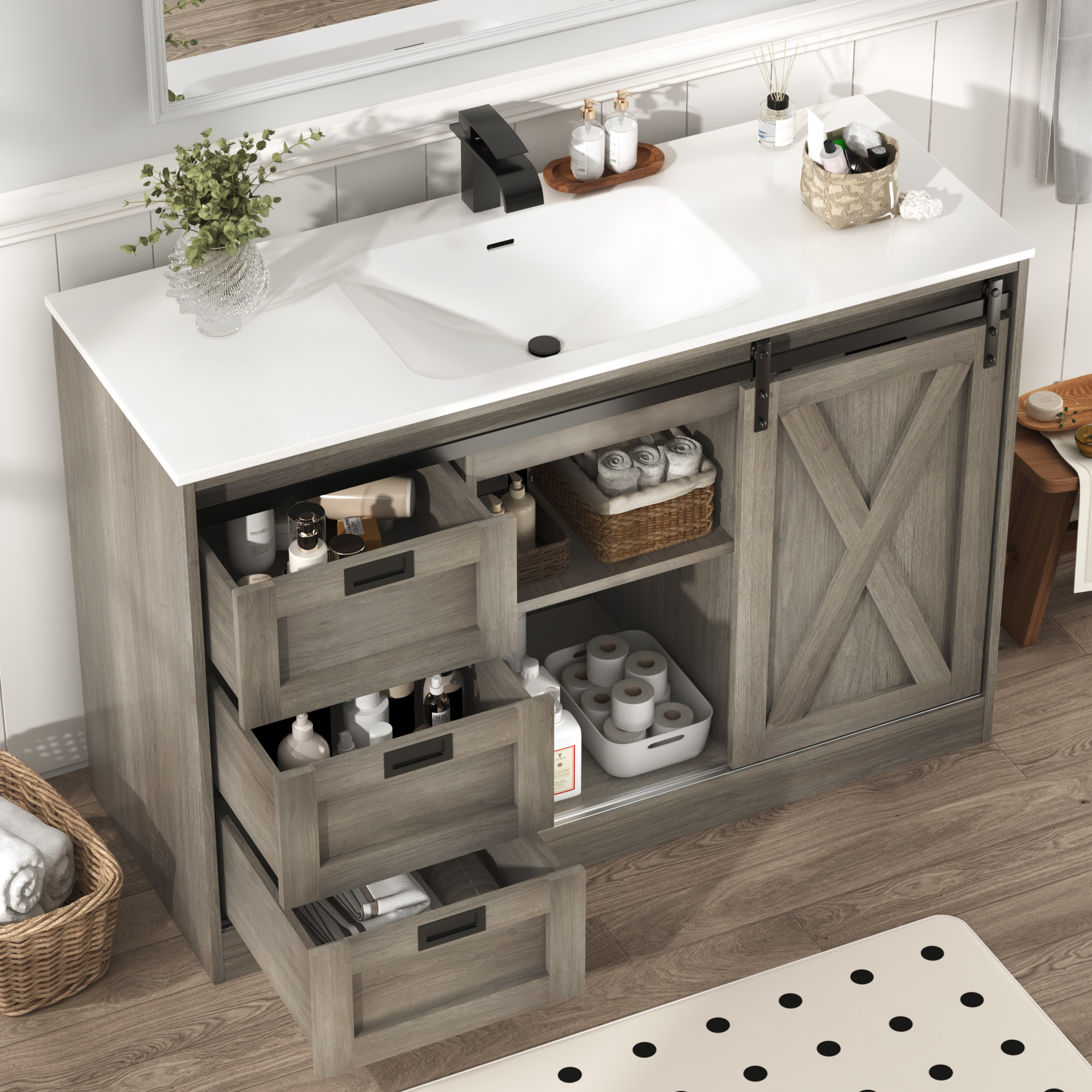 47" Farmhouse Bathroom Vanity with Sink Combo, Bathroom Storage Cabinet with Sliding Barn Door and 6 Drawers