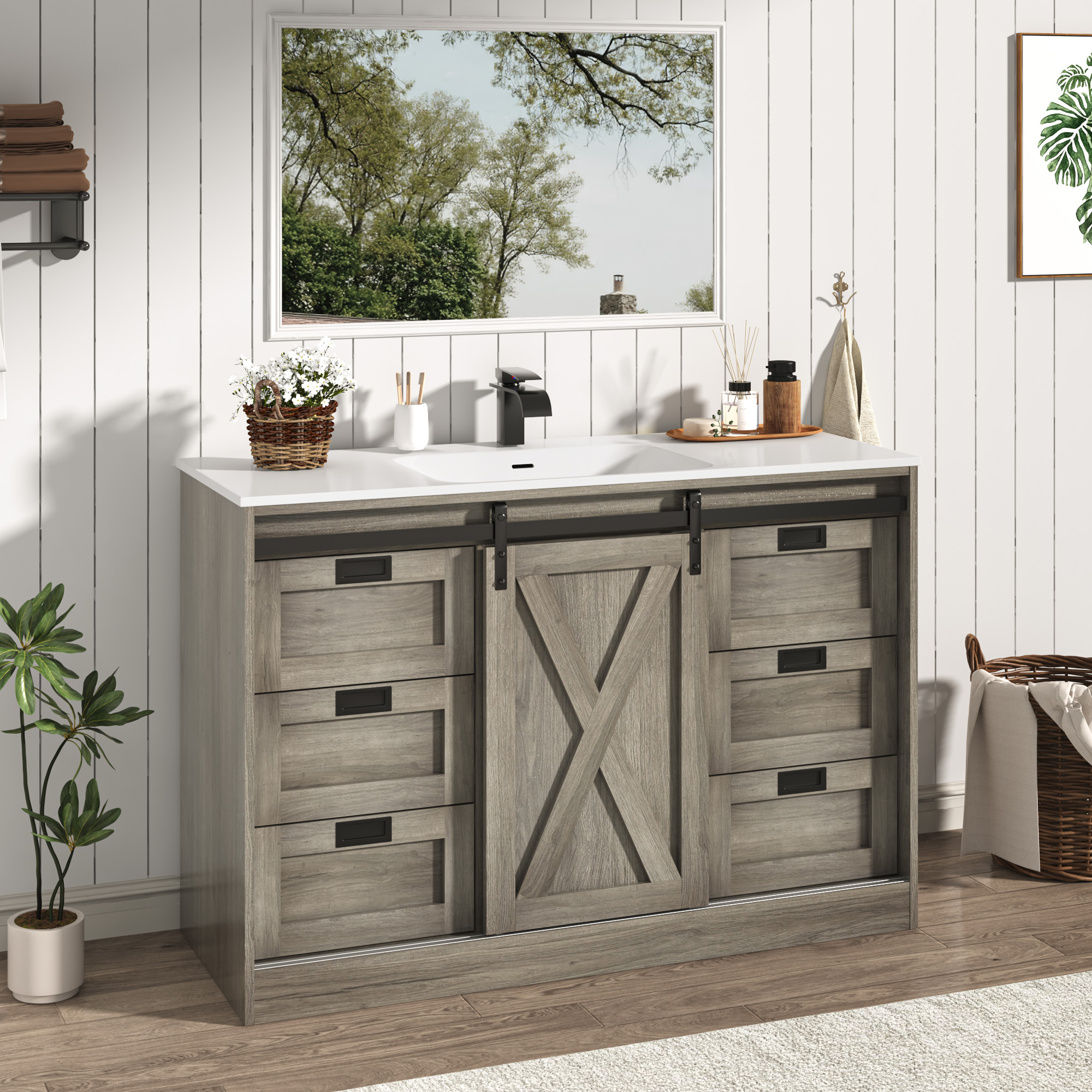 47" Farmhouse Bathroom Vanity with Sink Combo, Bathroom Storage Cabinet with Sliding Barn Door and 6 Drawers