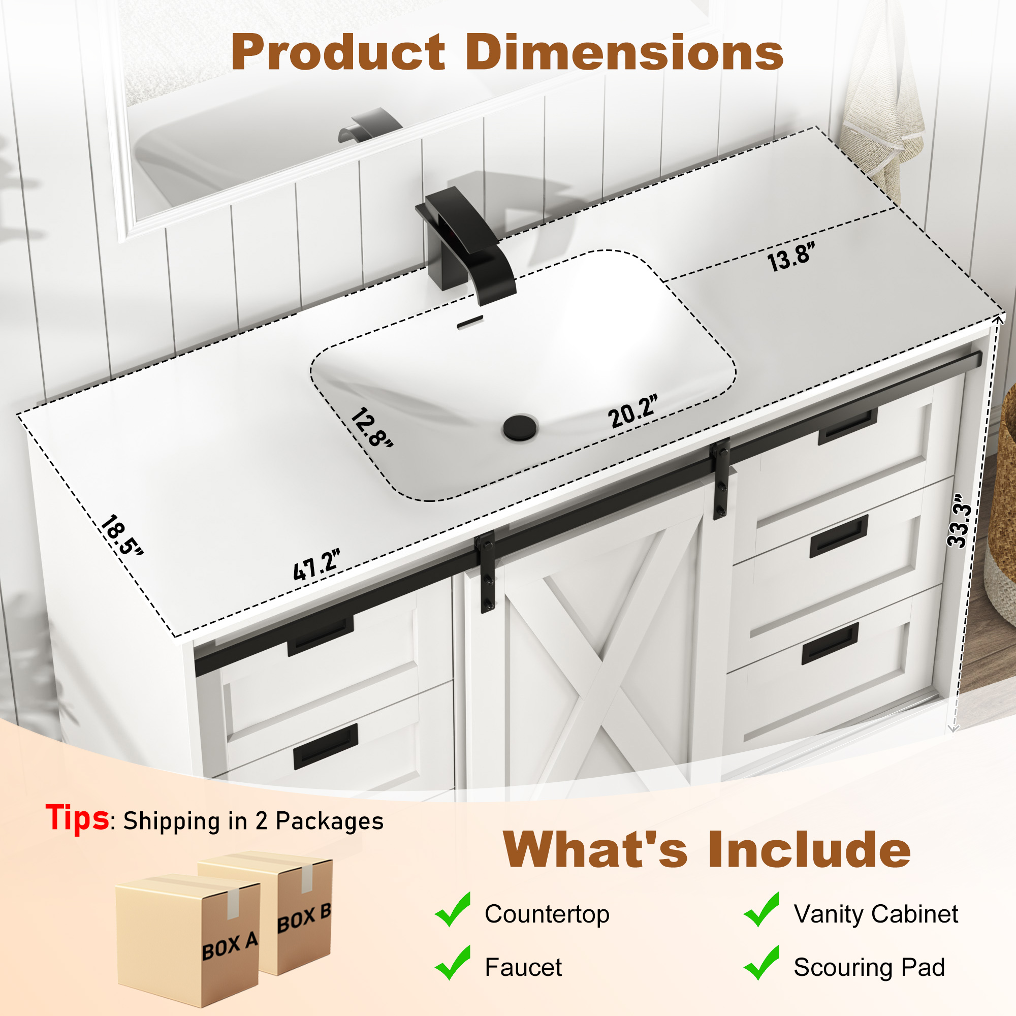 47" Farmhouse Bathroom Vanity with Sink Combo, Bathroom Storage Cabinet with Sliding Barn Door and 6 Drawers
