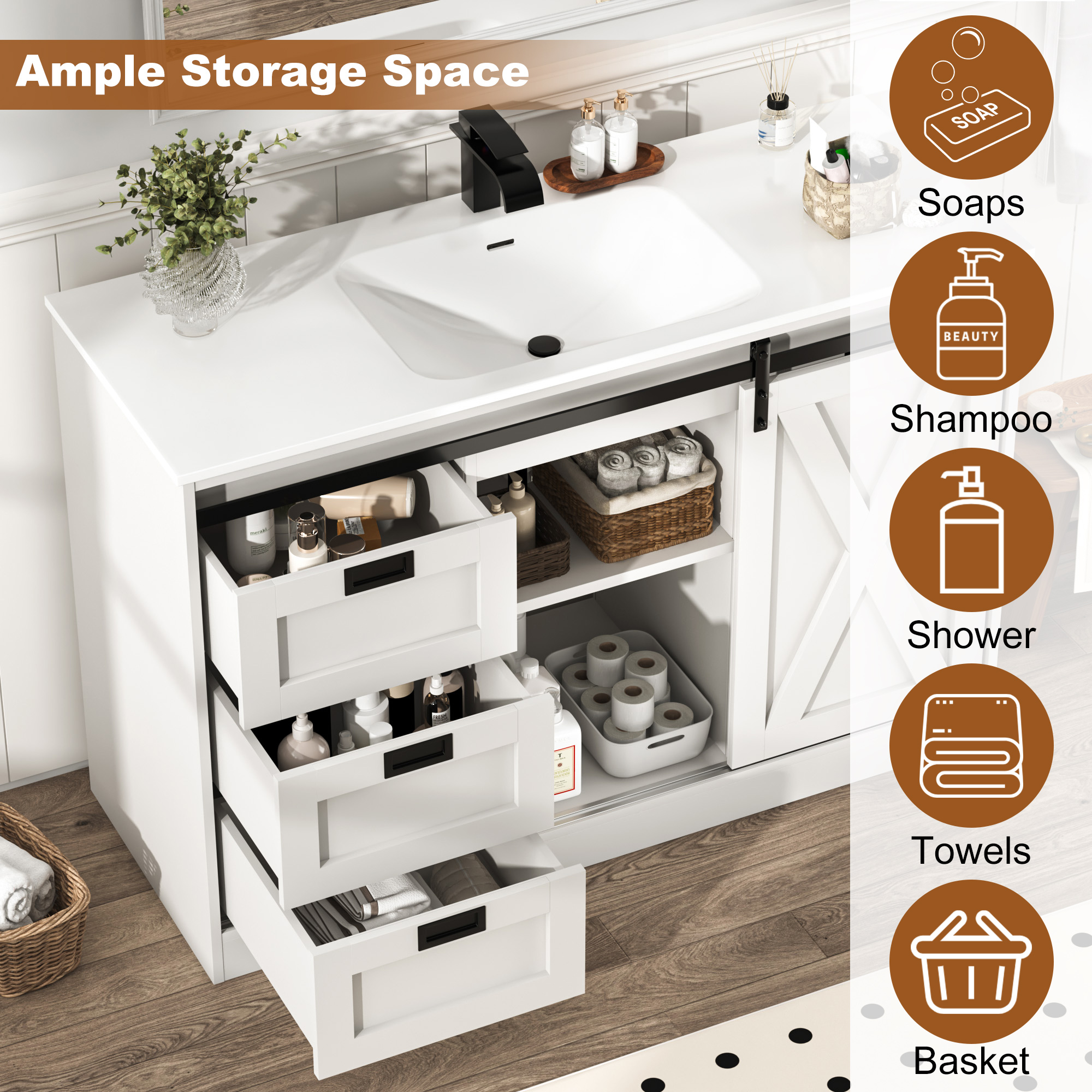 47" Farmhouse Bathroom Vanity with Sink Combo, Bathroom Storage Cabinet with Sliding Barn Door and 6 Drawers