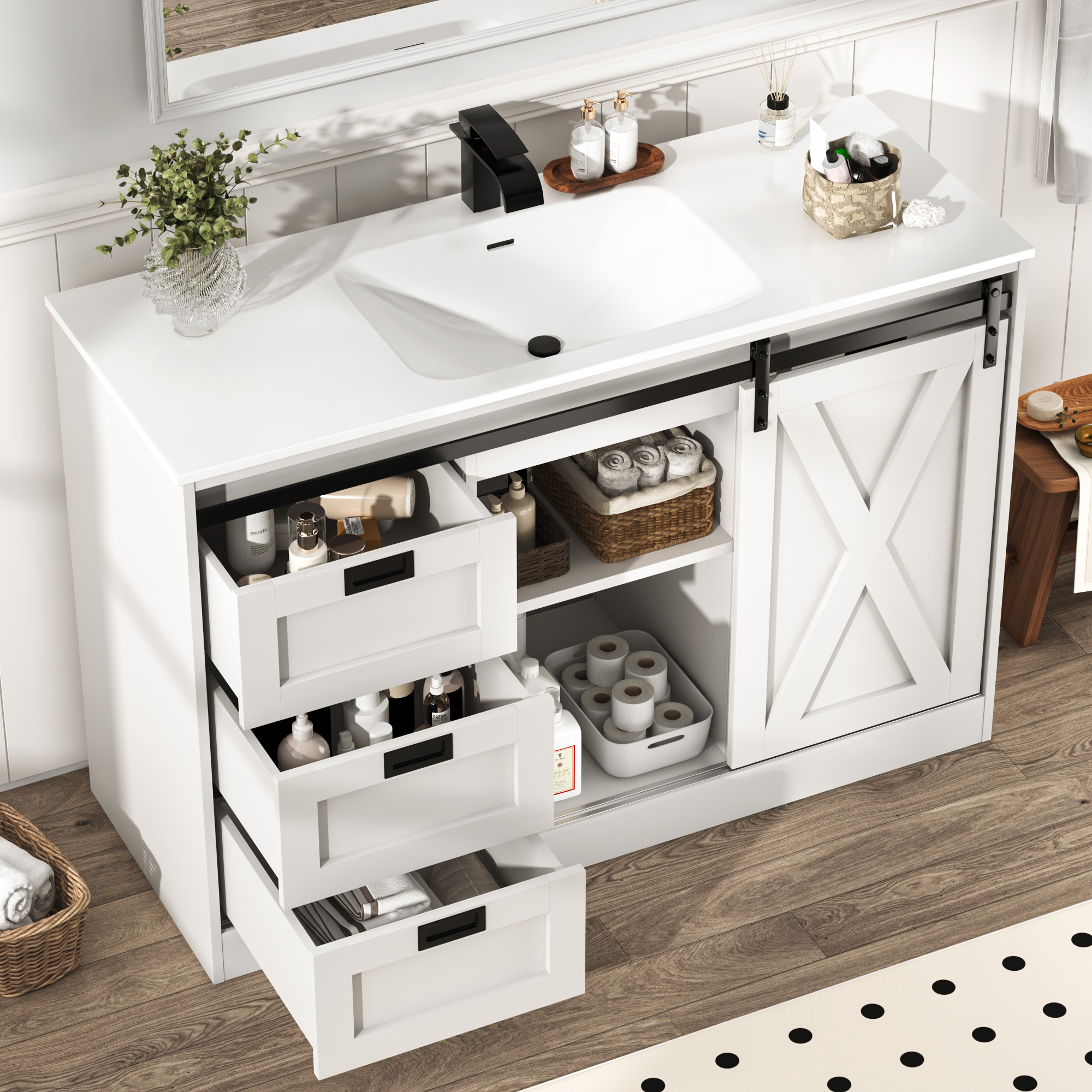 47" Farmhouse Bathroom Vanity with Sink Combo, Bathroom Storage Cabinet with Sliding Barn Door and 6 Drawers