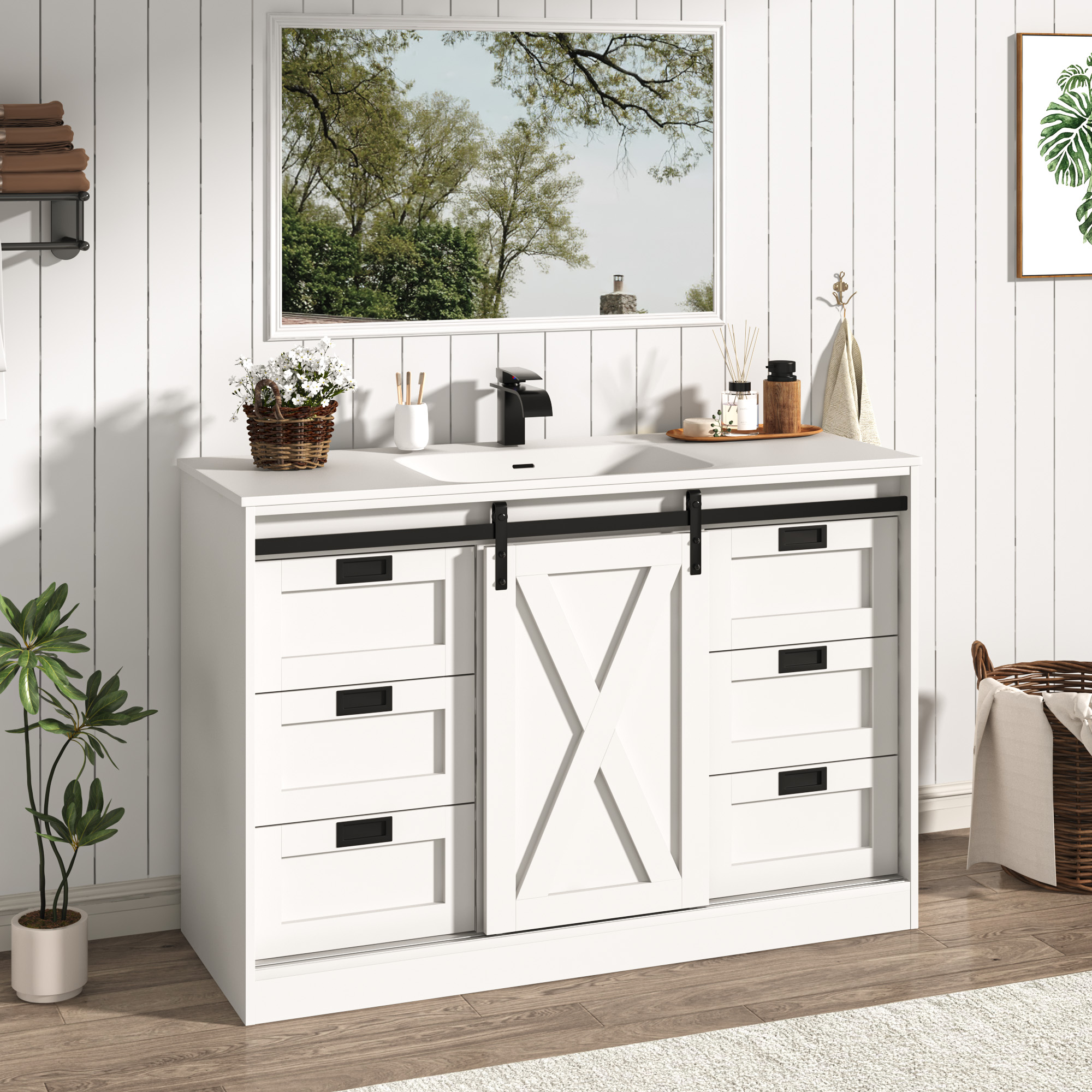 47" Farmhouse Bathroom Vanity with Sink Combo, Bathroom Storage Cabinet with Sliding Barn Door and 6 Drawers