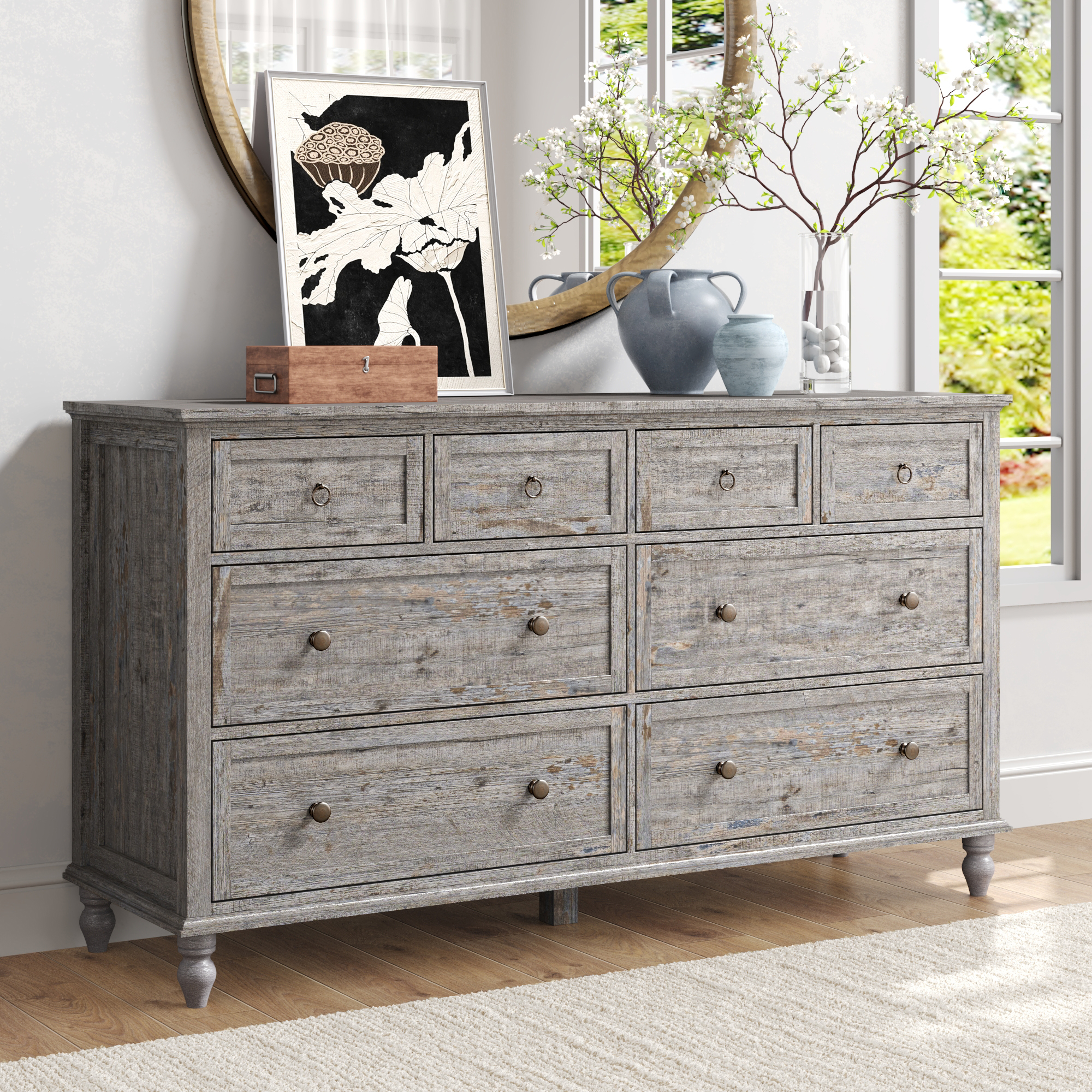 ChVans 8 Drawer Dresser for Bedroom, Modern Farmhouse Wood Wide Chest of Drawers, Storage Dressers for Bedroom, Living Room & Hallway