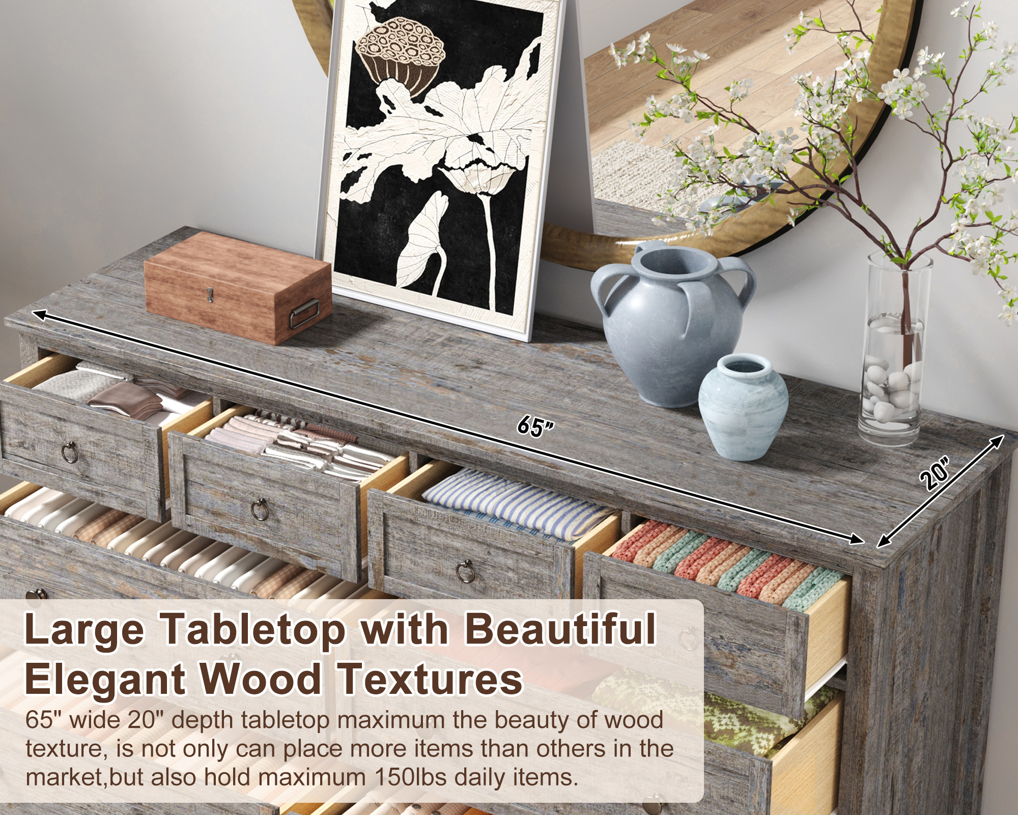 ChVans 8 Drawer Dresser for Bedroom, Modern Farmhouse Wood Wide Chest of Drawers, Storage Dressers for Bedroom, Living Room & Hallway