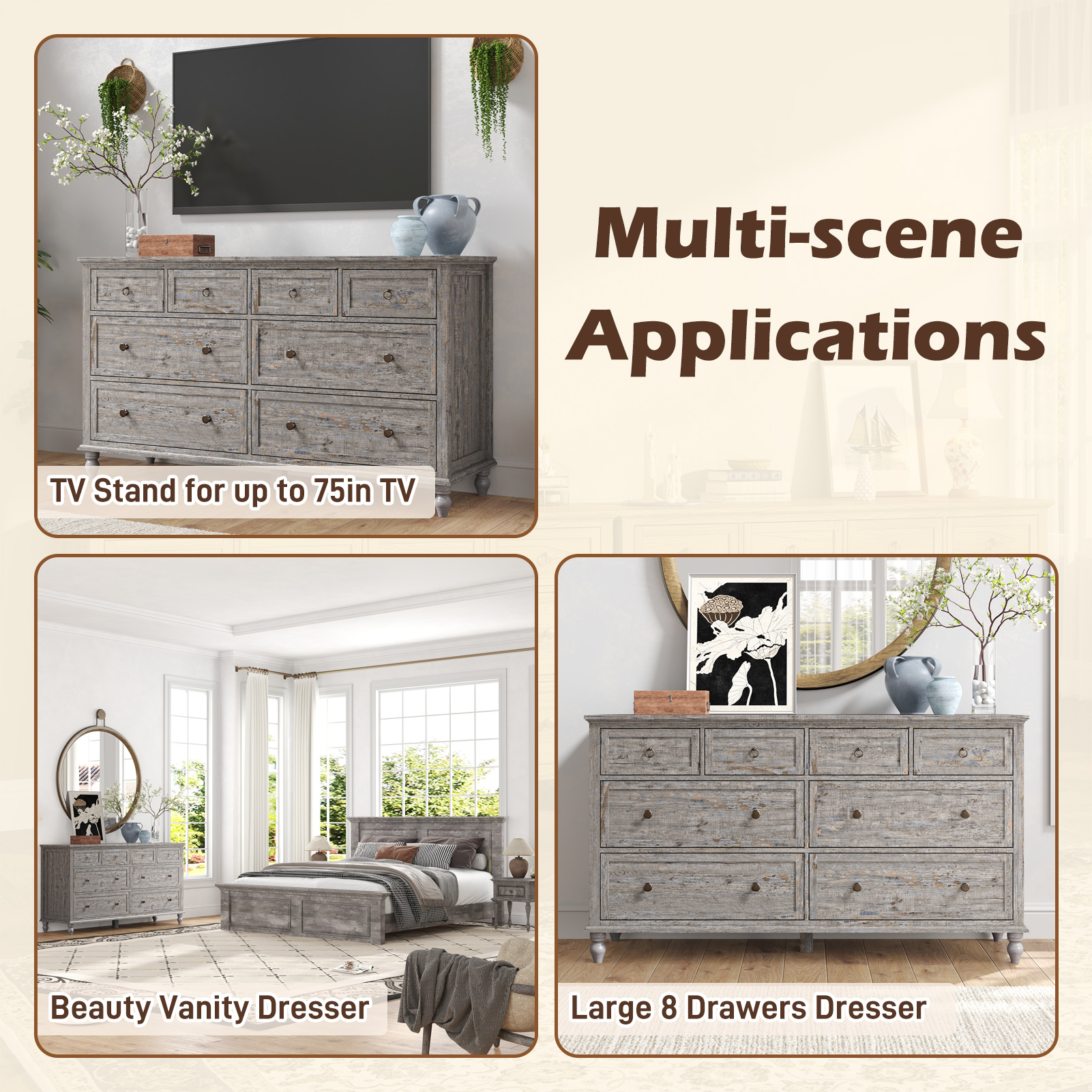 ChVans 8 Drawer Dresser for Bedroom, Modern Farmhouse Wood Wide Chest of Drawers, Storage Dressers for Bedroom, Living Room & Hallway