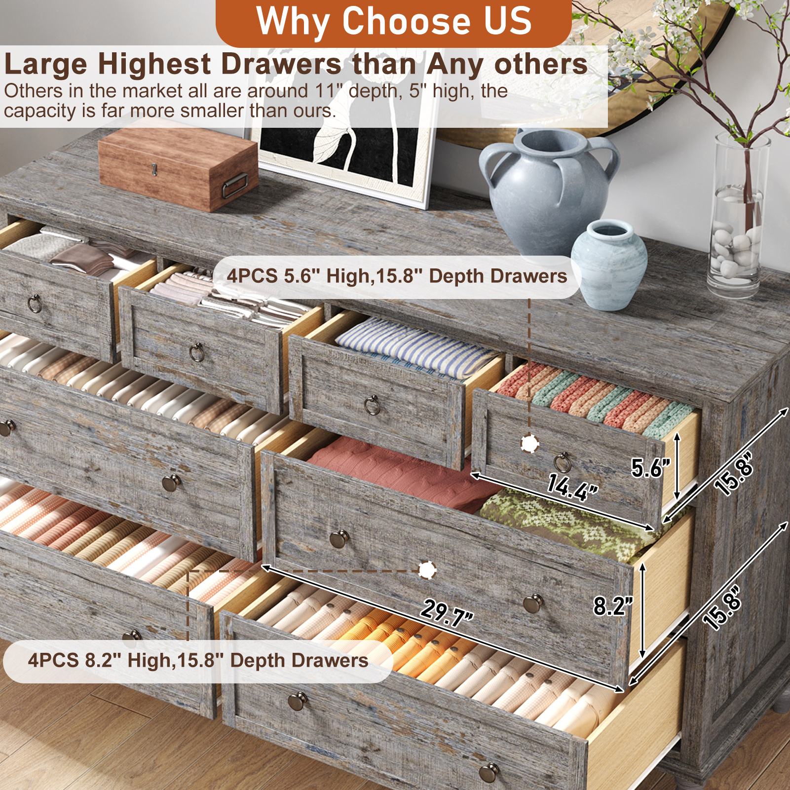 ChVans 8 Drawer Dresser for Bedroom, Modern Farmhouse Wood Wide Chest of Drawers, Storage Dressers for Bedroom, Living Room & Hallway