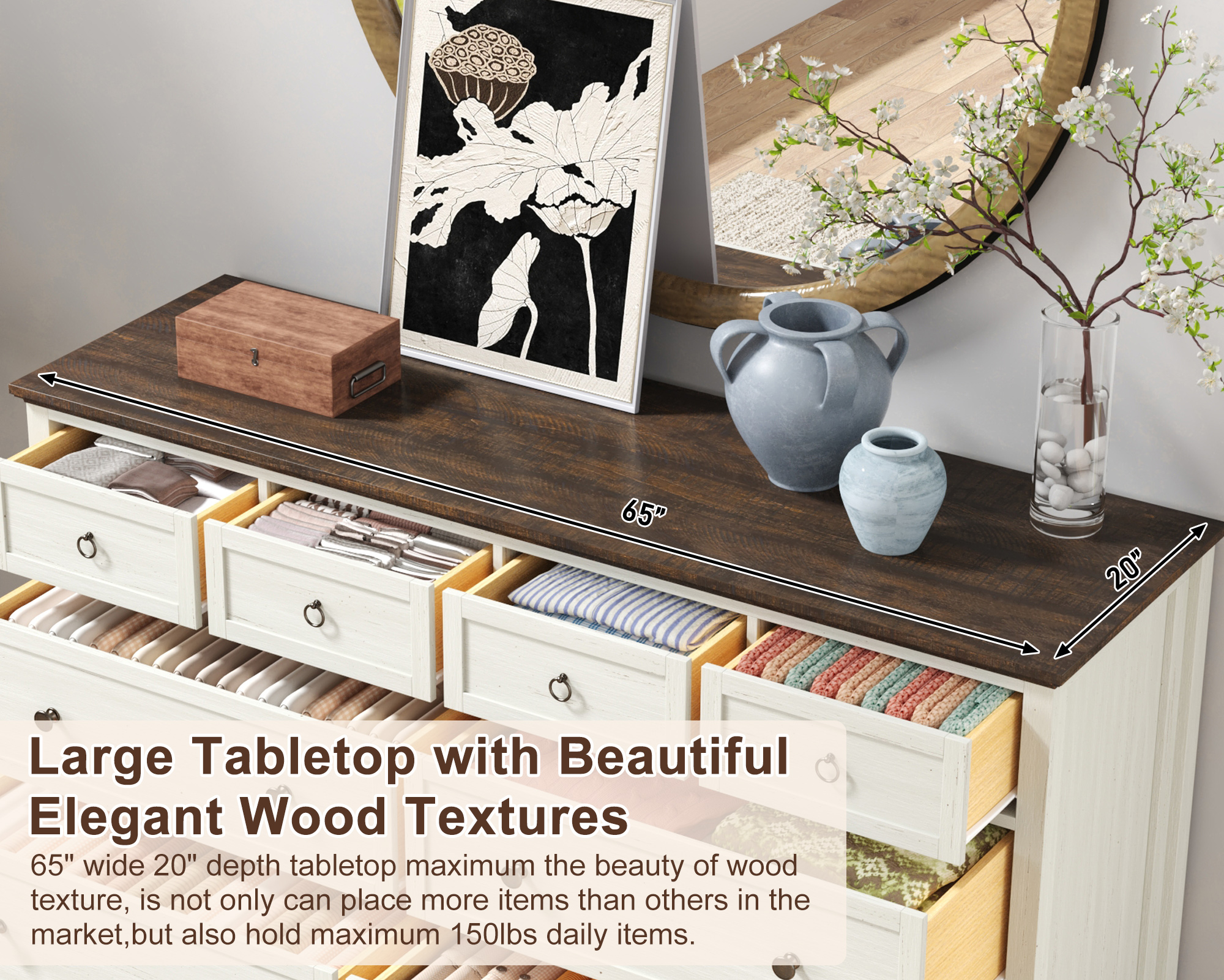 ChVans 8 Drawer Dresser for Bedroom, Modern Farmhouse Wood Wide Chest of Drawers, Storage Dressers for Bedroom, Living Room & Hallway