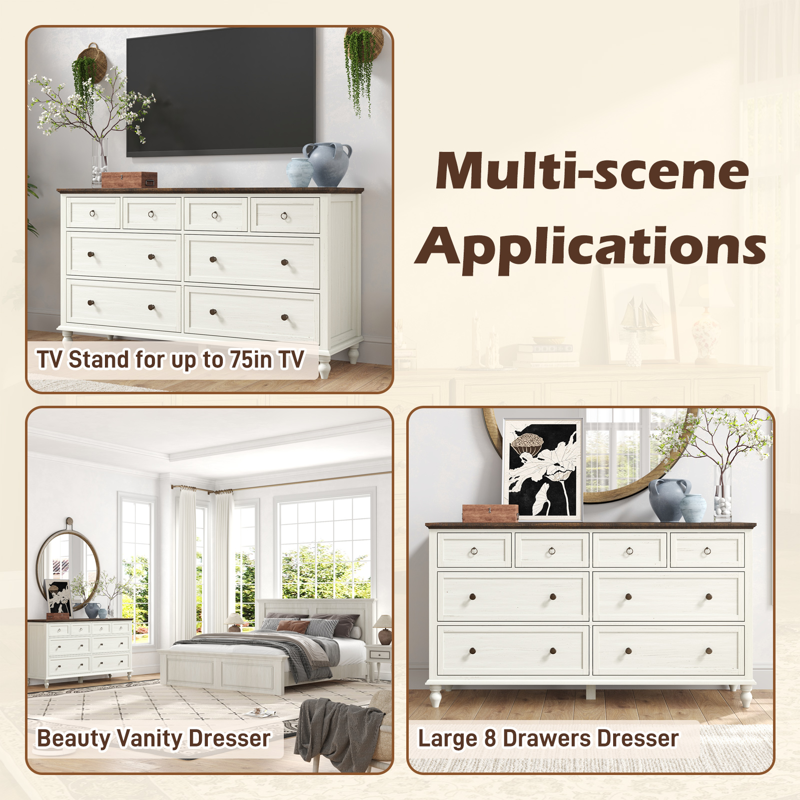 ChVans 8 Drawer Dresser for Bedroom, Modern Farmhouse Wood Wide Chest of Drawers, Storage Dressers for Bedroom, Living Room & Hallway