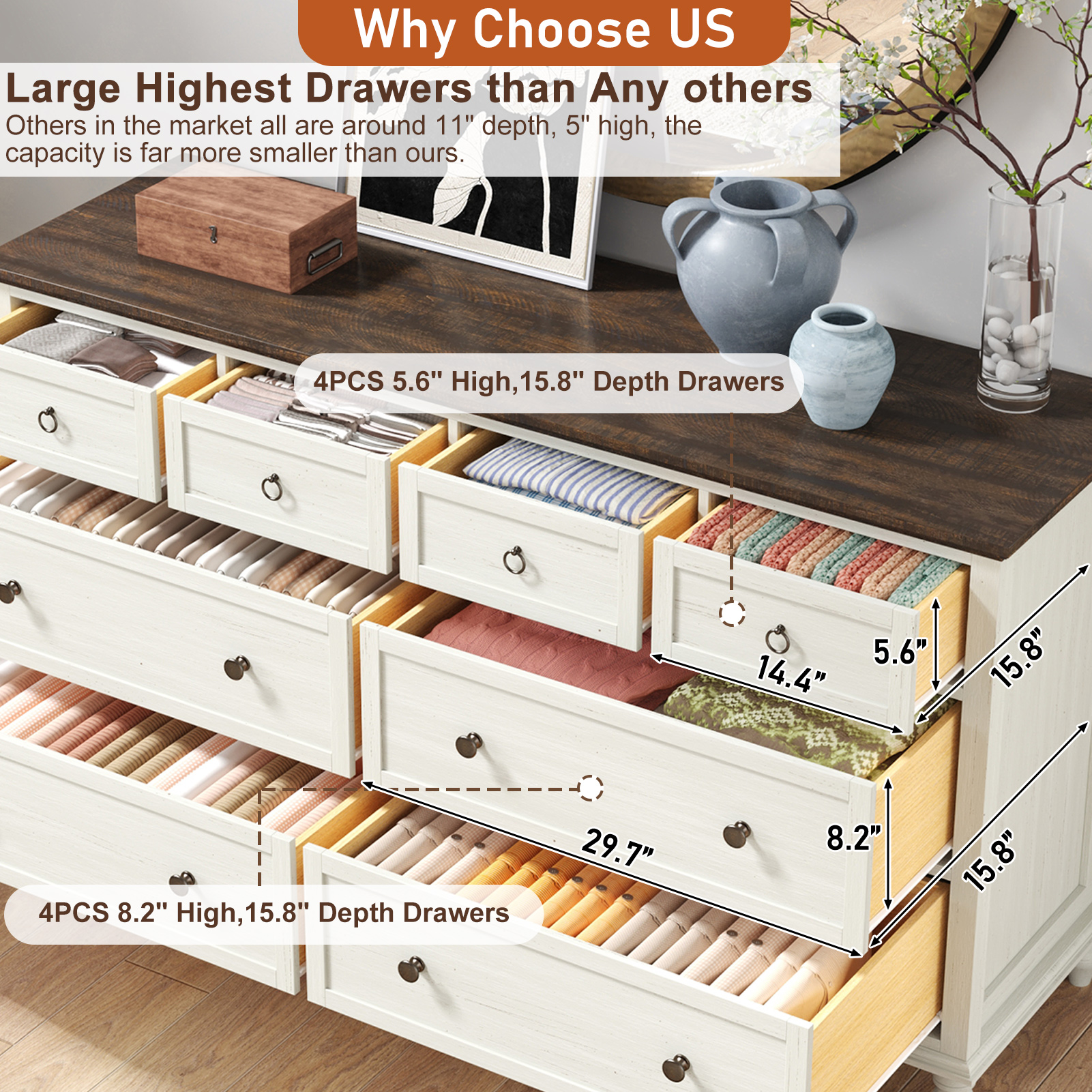 ChVans 8 Drawer Dresser for Bedroom, Modern Farmhouse Wood Wide Chest of Drawers, Storage Dressers for Bedroom, Living Room & Hallway