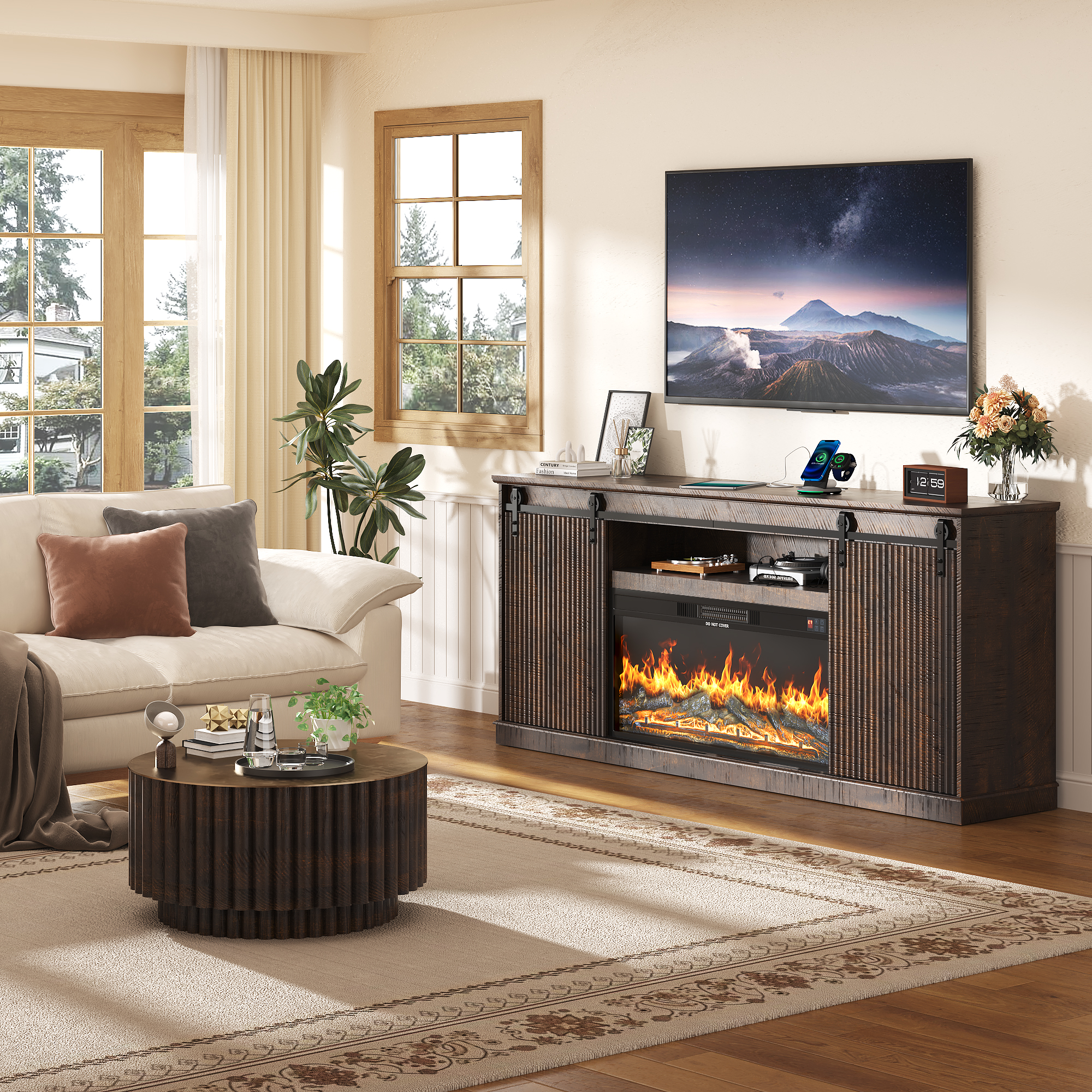 74.8'' Farmhouse Fireplace TV Stand for 80'' TVs, Rustic Entertainment Center with 36'' Electric Fireplace, Fluted Panel Sliding Barn Door, Built-in Charging Station, Media Console with Storage