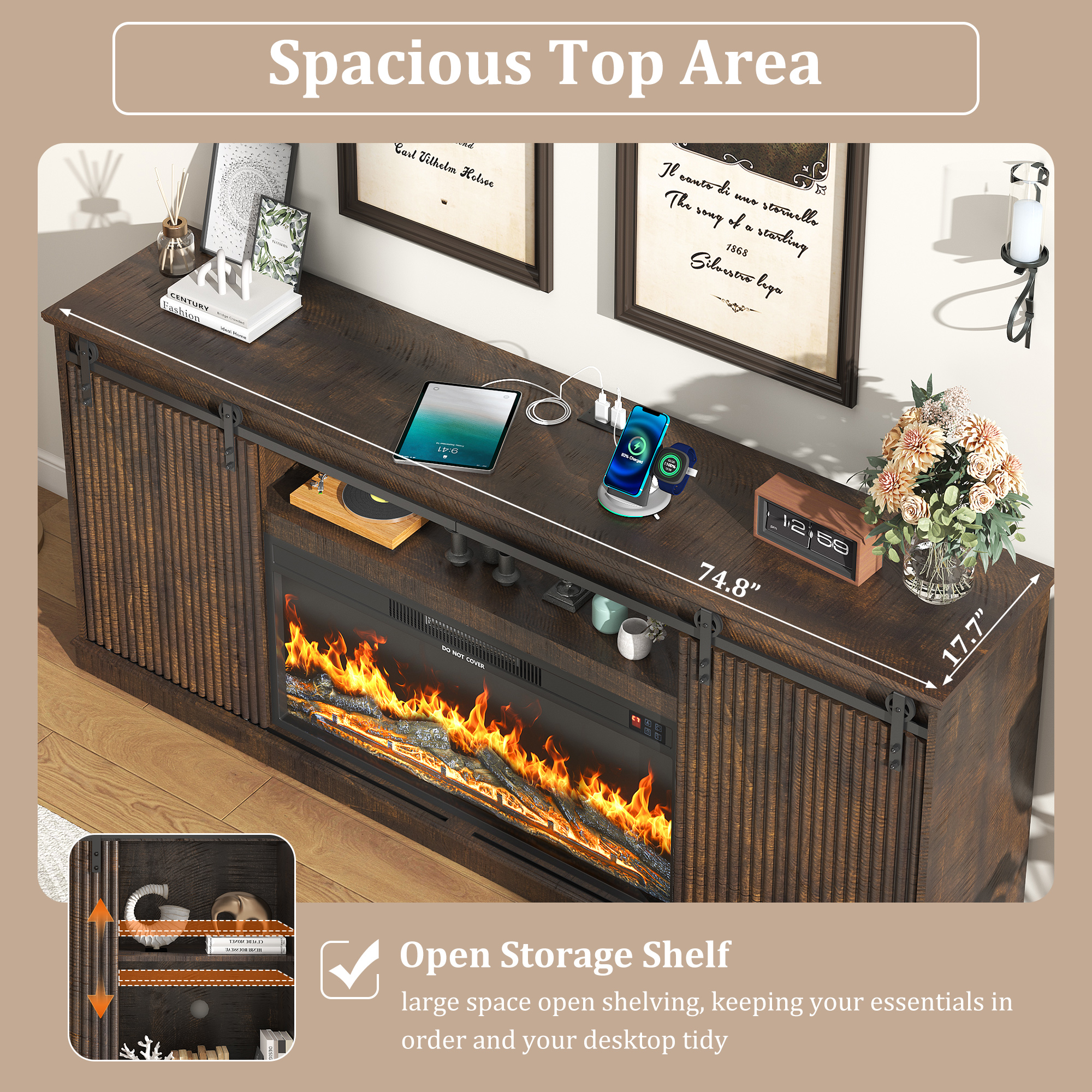 74.8'' Farmhouse Fireplace TV Stand for 80'' TVs, Rustic Entertainment Center with 36'' Electric Fireplace, Fluted Panel Sliding Barn Door, Built-in Charging Station, Media Console with Storage
