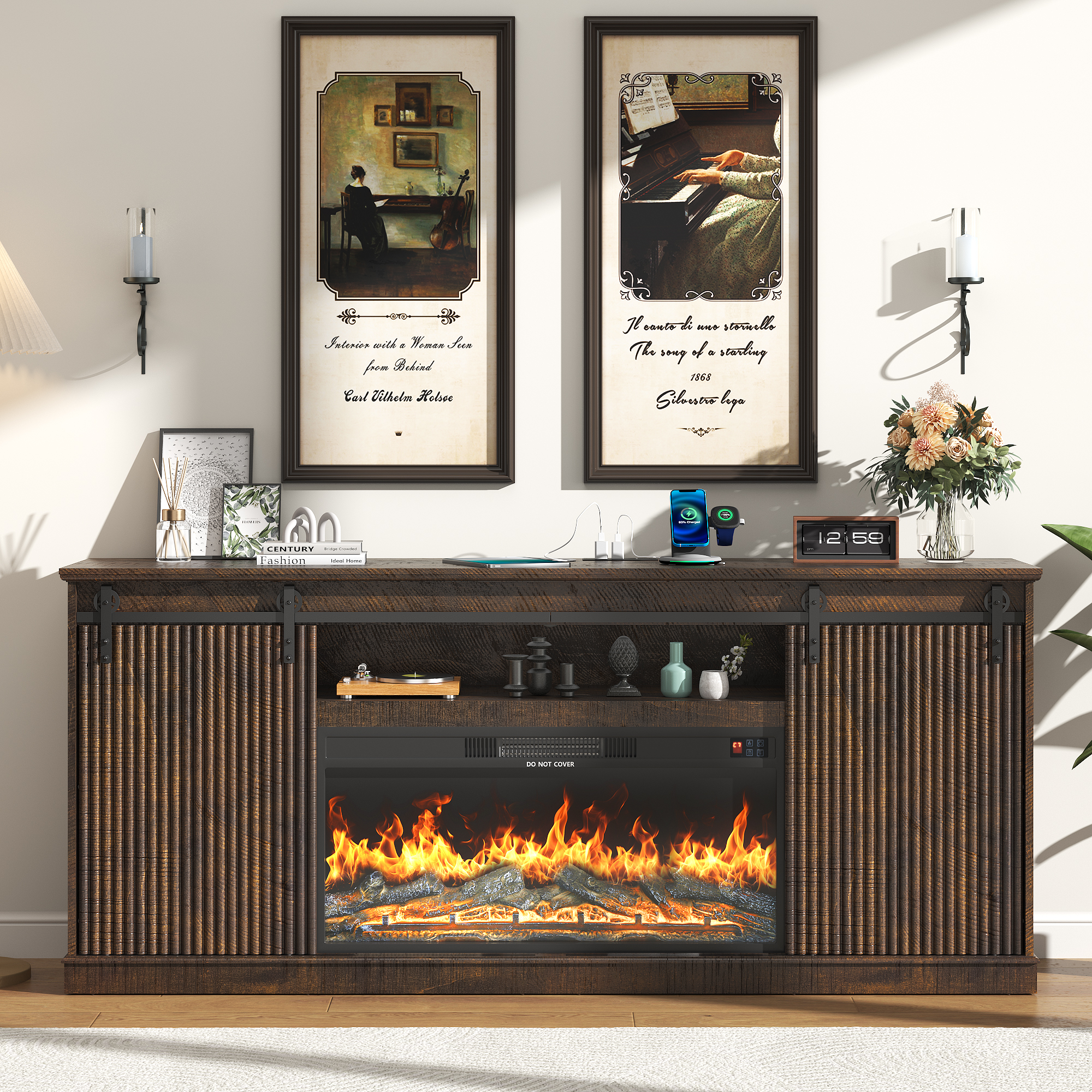 74.8'' Farmhouse Fireplace TV Stand for 80'' TVs, Rustic Entertainment Center with 36'' Electric Fireplace, Fluted Panel Sliding Barn Door, Built-in Charging Station, Media Console with Storage