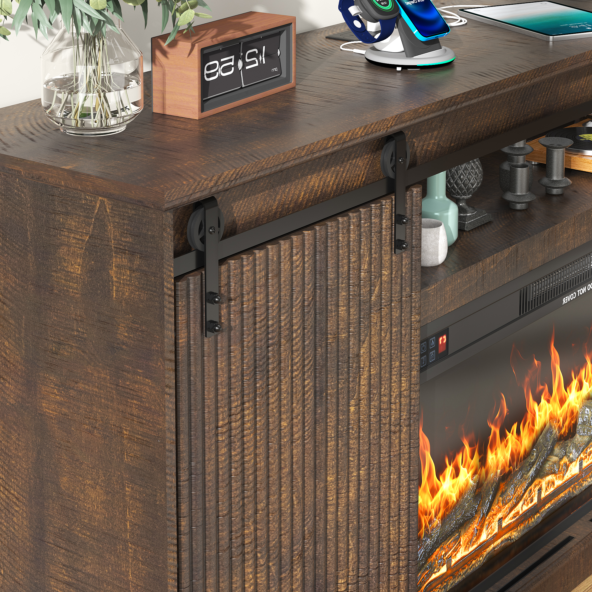 74.8'' Farmhouse Fireplace TV Stand for 80'' TVs, Rustic Entertainment Center with 36'' Electric Fireplace, Fluted Panel Sliding Barn Door, Built-in Charging Station, Media Console with Storage