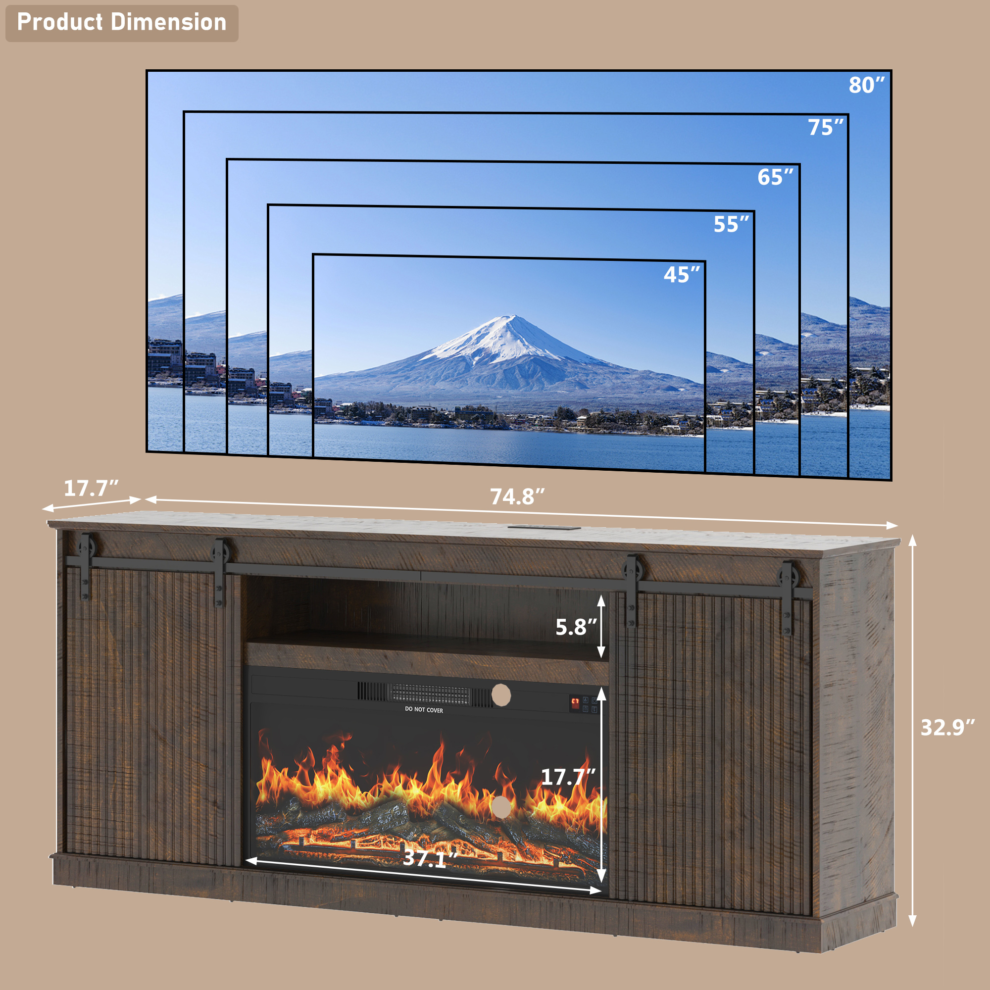 74.8'' Farmhouse Fireplace TV Stand for 80'' TVs, Rustic Entertainment Center with 36'' Electric Fireplace, Fluted Panel Sliding Barn Door, Built-in Charging Station, Media Console with Storage
