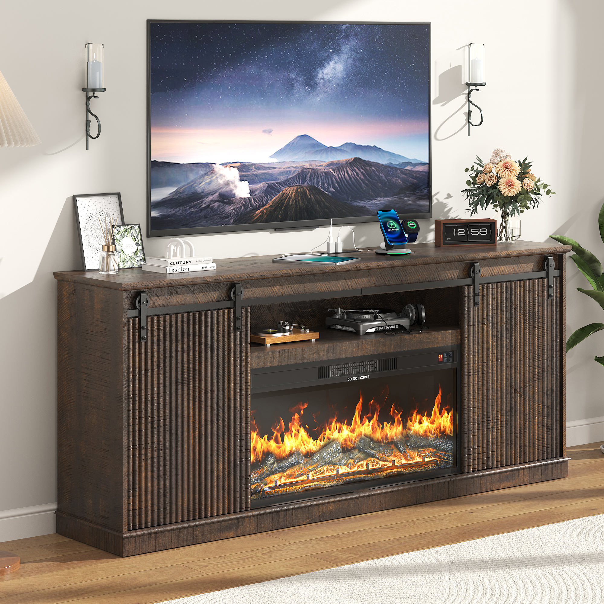 74.8'' Farmhouse Fireplace TV Stand for 80'' TVs, Rustic Entertainment Center with 36'' Electric Fireplace, Fluted Panel Sliding Barn Door, Built-in Charging Station, Media Console with Storage