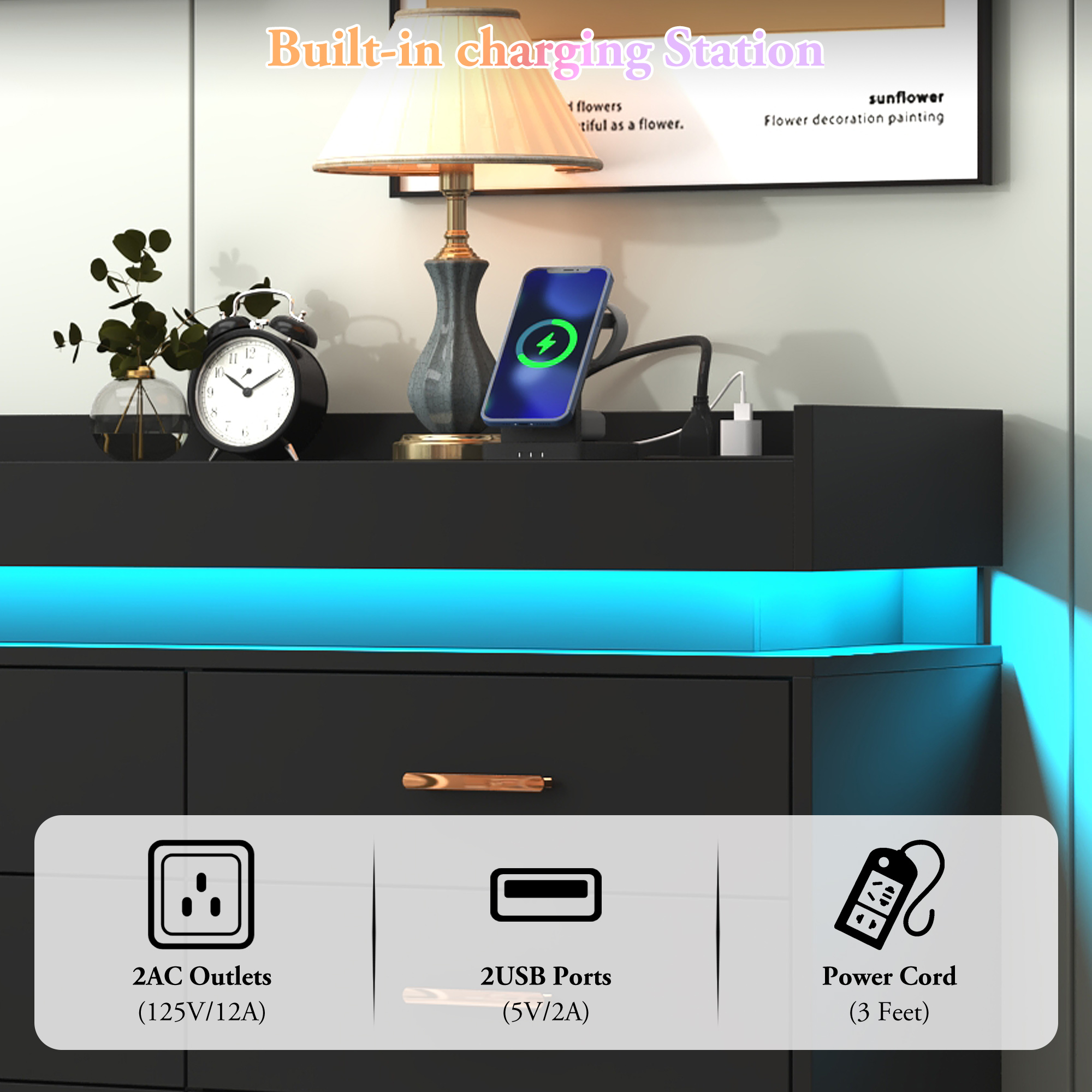 ChVans 16 Drawer Dresser with LED Lights and Charging Station, 78.7" Wide wood Chest of Drawers and Metal Handles, 36.4" Tall drawers dresser for bedroom, Living Room, Entryway, Hallway