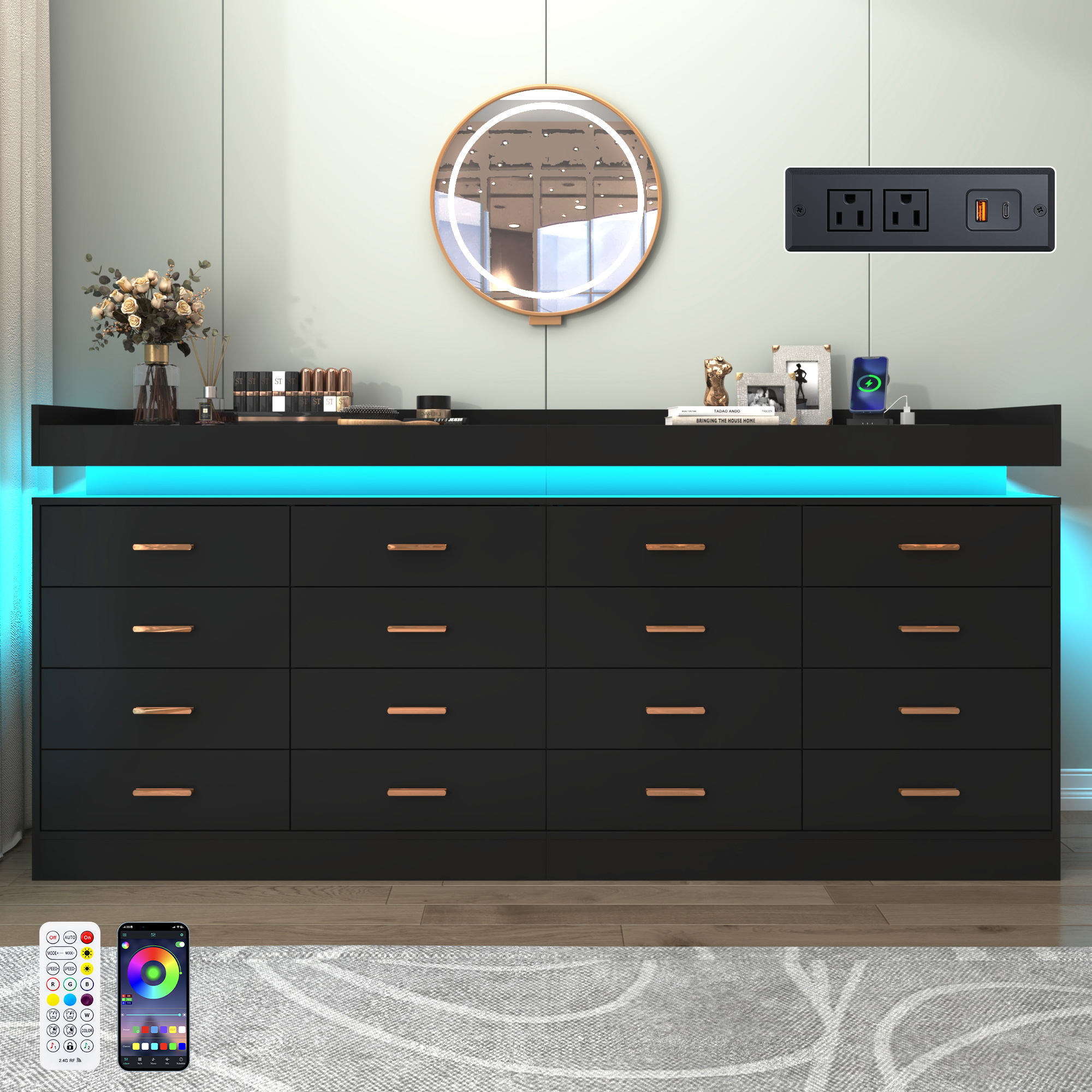 ChVans 16 Drawer Dresser with LED Lights and Charging Station, 78.7" Wide wood Chest of Drawers and Metal Handles, 36.4" Tall drawers dresser for bedroom, Living Room, Entryway, Hallway