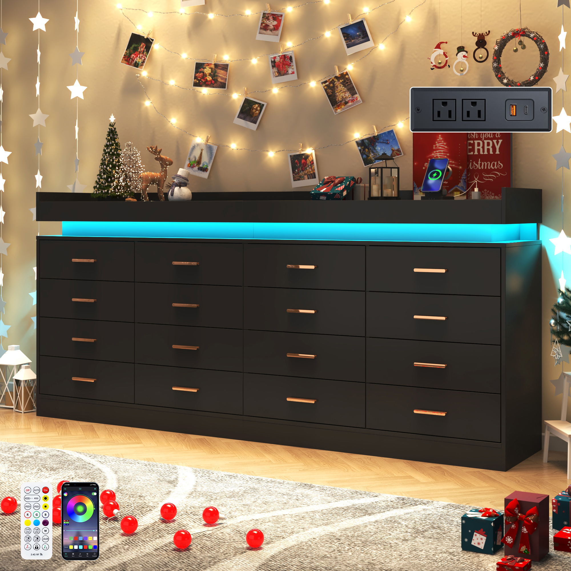 ChVans 16 Drawer Dresser with LED Lights and Charging Station, 78.7" Wide wood Chest of Drawers and Metal Handles, 36.4" Tall drawers dresser for bedroom, Living Room, Entryway, Hallway