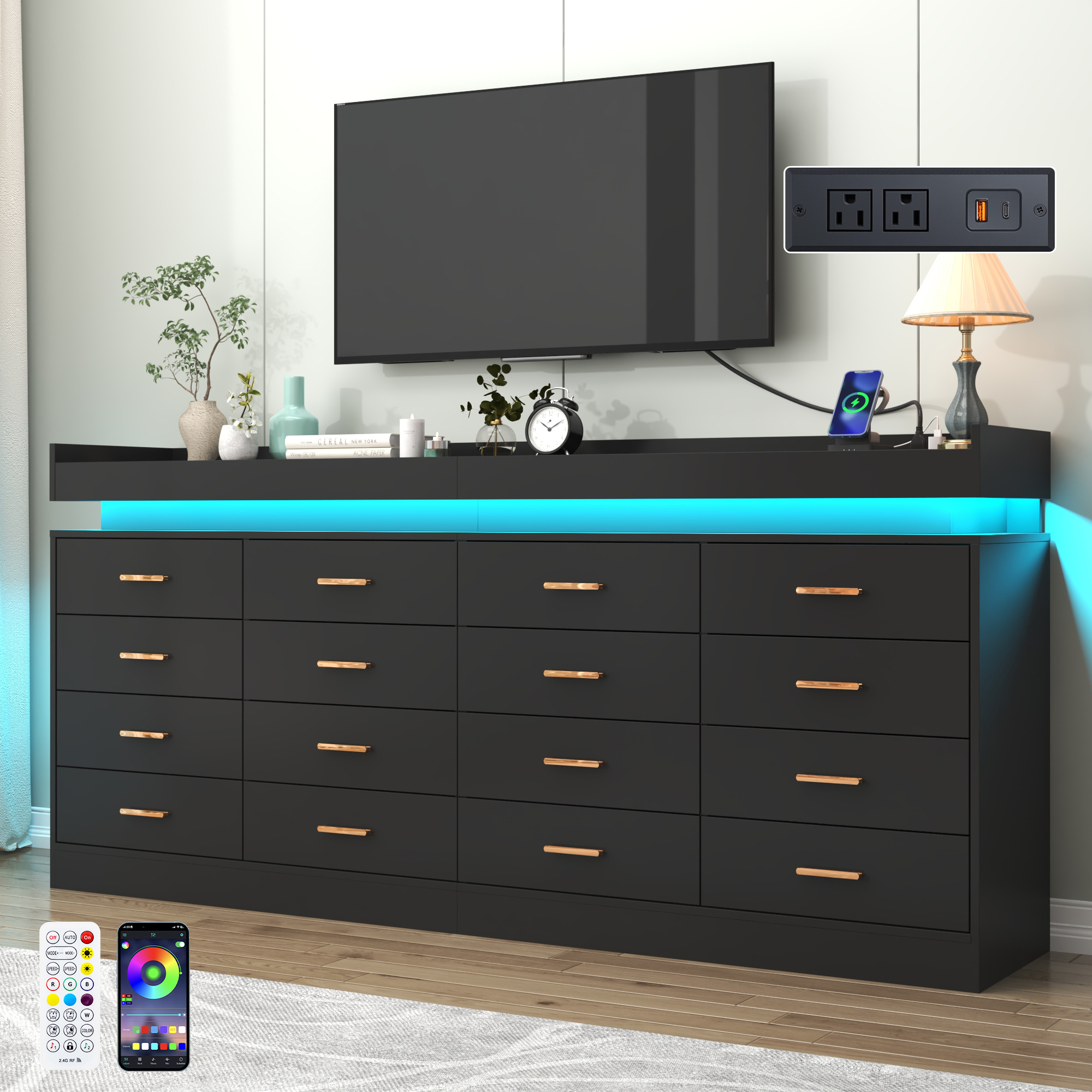 ChVans 16 Drawer Dresser with LED Lights and Charging Station, 78.7" Wide wood Chest of Drawers and Metal Handles, 36.4" Tall drawers dresser for bedroom, Living Room, Entryway, Hallway