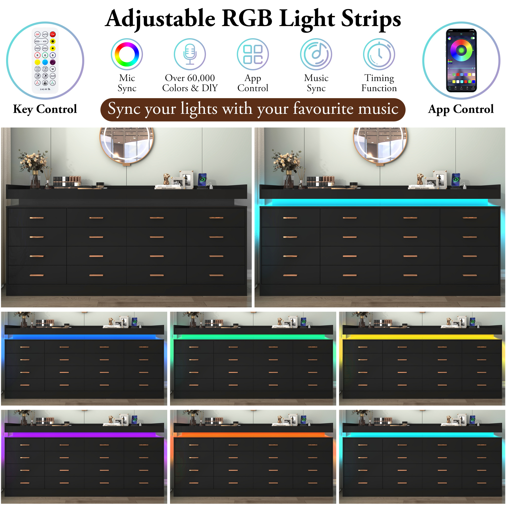 ChVans 16 Drawer Dresser with LED Lights and Charging Station, 78.7" Wide wood Chest of Drawers and Metal Handles, 36.4" Tall drawers dresser for bedroom, Living Room, Entryway, Hallway