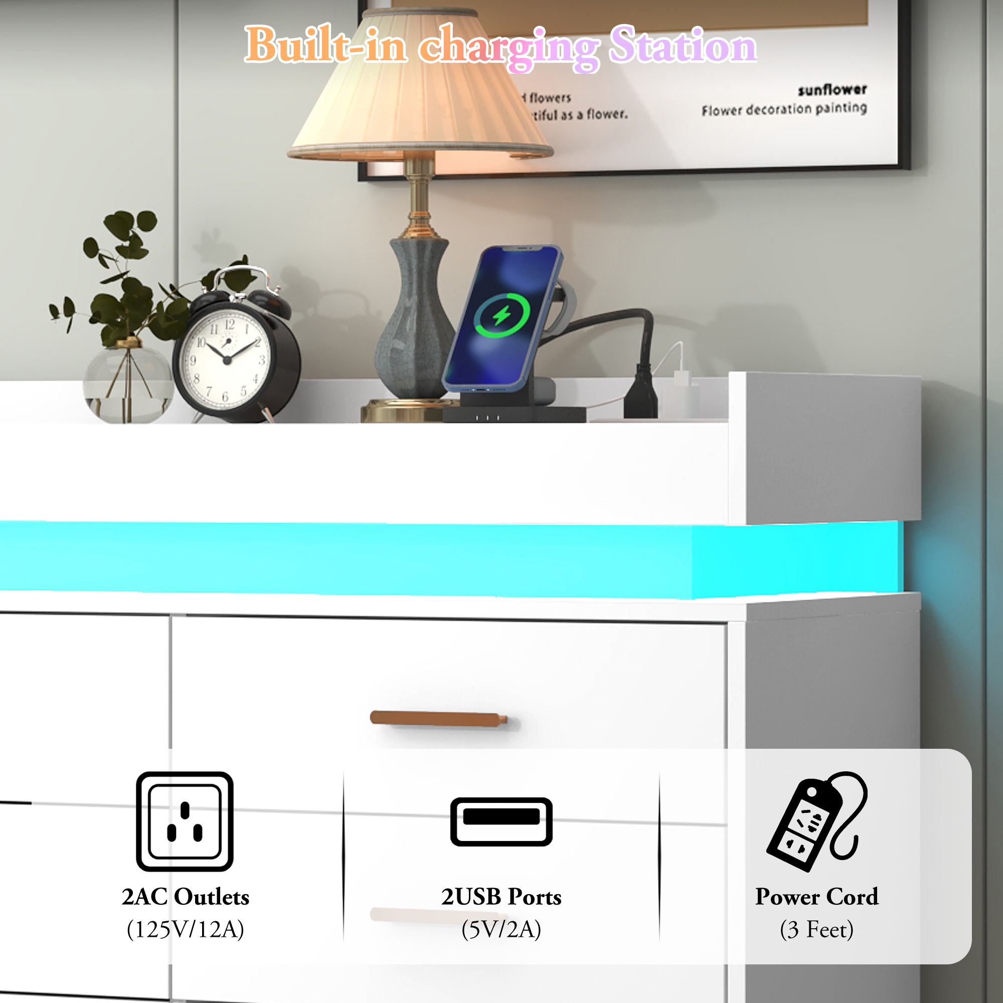 ChVans 16 Drawer Dresser with LED Lights and Charging Station, 78.7" Wide wood Chest of Drawers and Metal Handles, 36.4" Tall drawers dresser for bedroom, Living Room, Entryway, Hallway