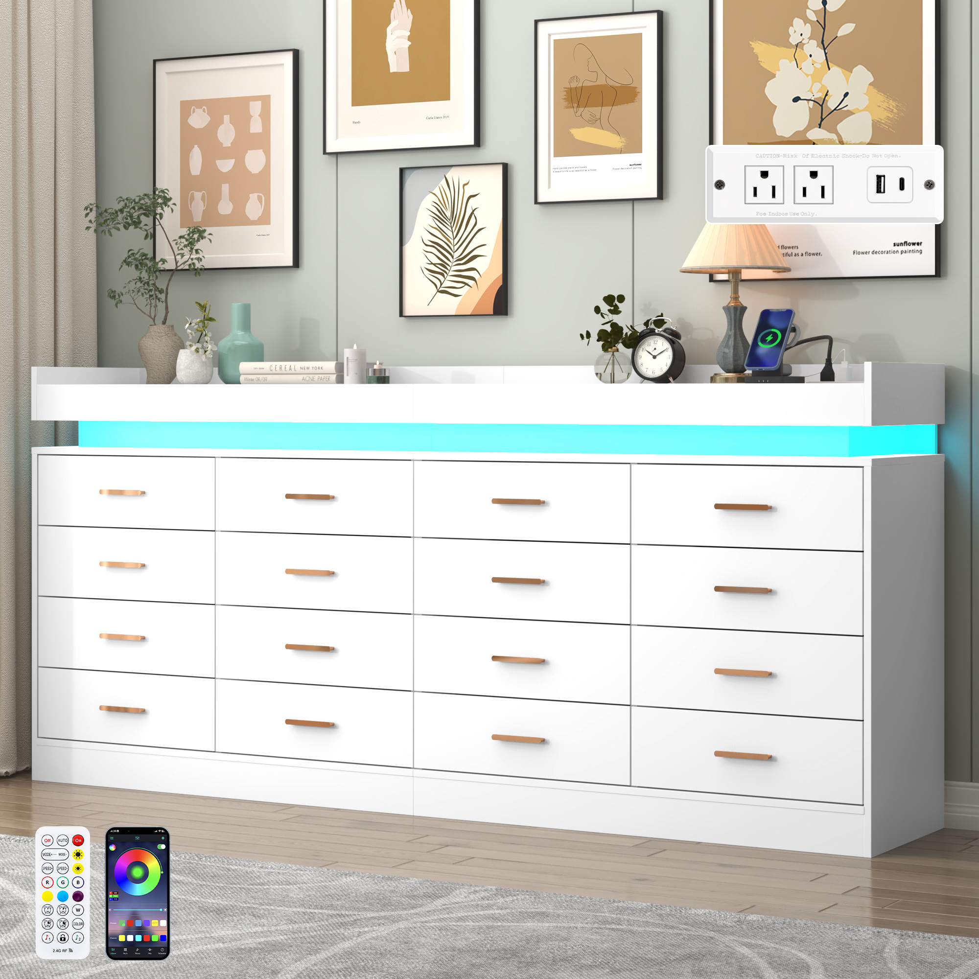 ChVans 16 Drawer Dresser with LED Lights and Charging Station, 78.7" Wide wood Chest of Drawers and Metal Handles, 36.4" Tall drawers dresser for bedroom, Living Room, Entryway, Hallway