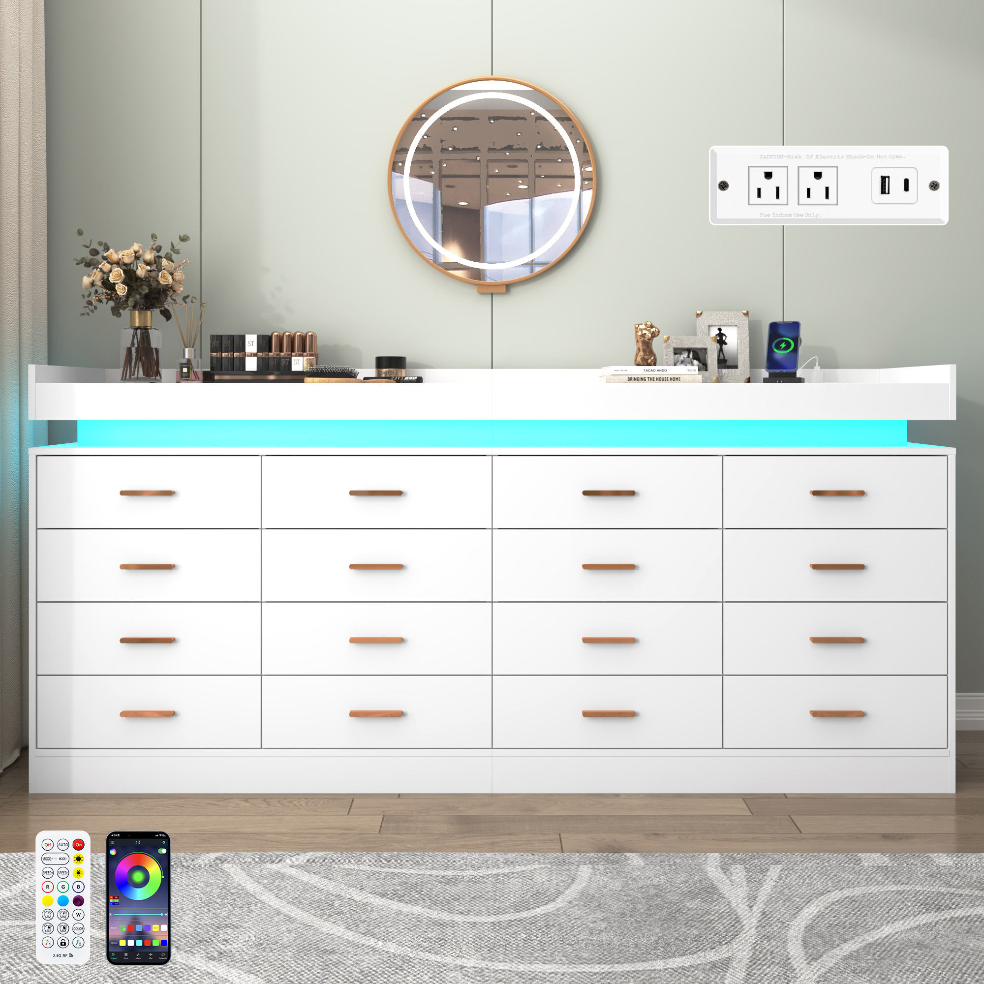 ChVans 16 Drawer Dresser with LED Lights and Charging Station, 78.7" Wide wood Chest of Drawers and Metal Handles, 36.4" Tall drawers dresser for bedroom, Living Room, Entryway, Hallway